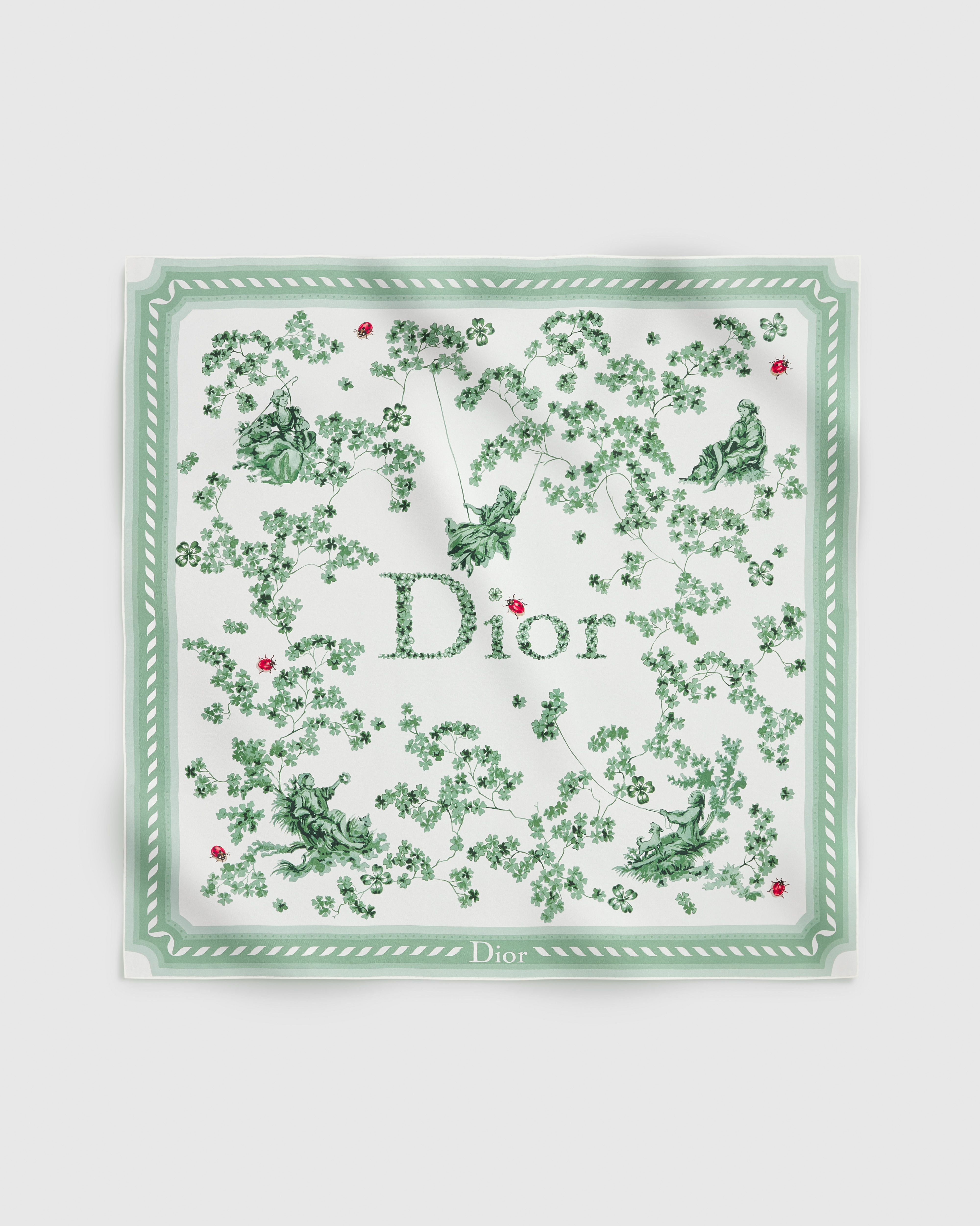 Toile de Jouy Clover 90 Square Scarf Green and White Silk Twill E01