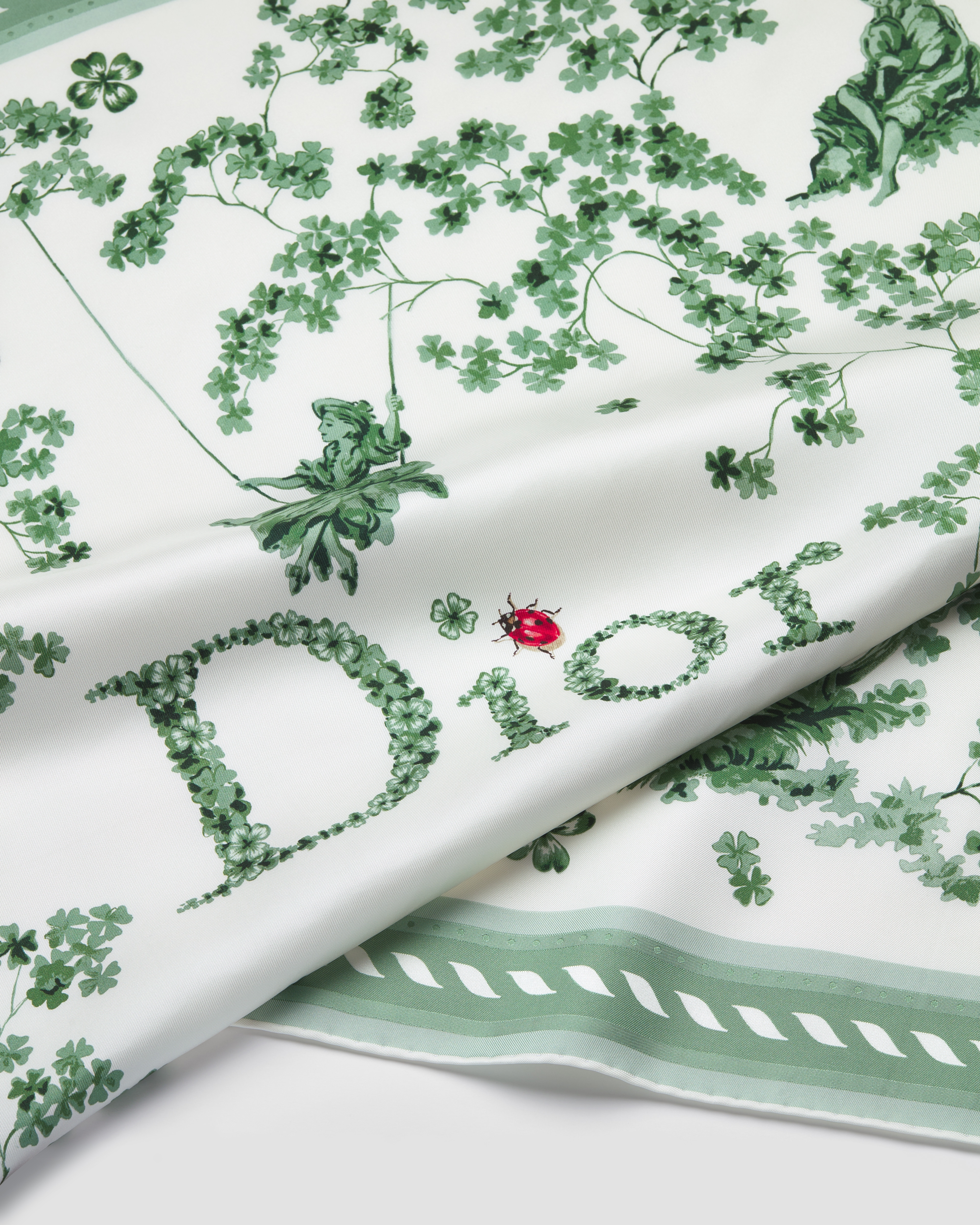 Toile de Jouy Clover 90 Square Scarf Green and White Silk Twill E09