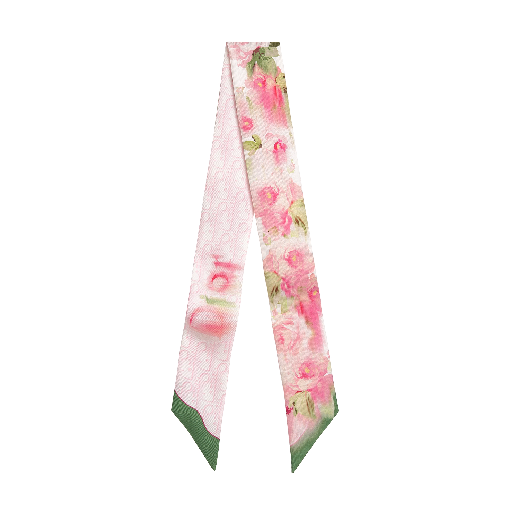 Dior Painted Roses Mitzah Scarf Pink and Green Silk Twill E01