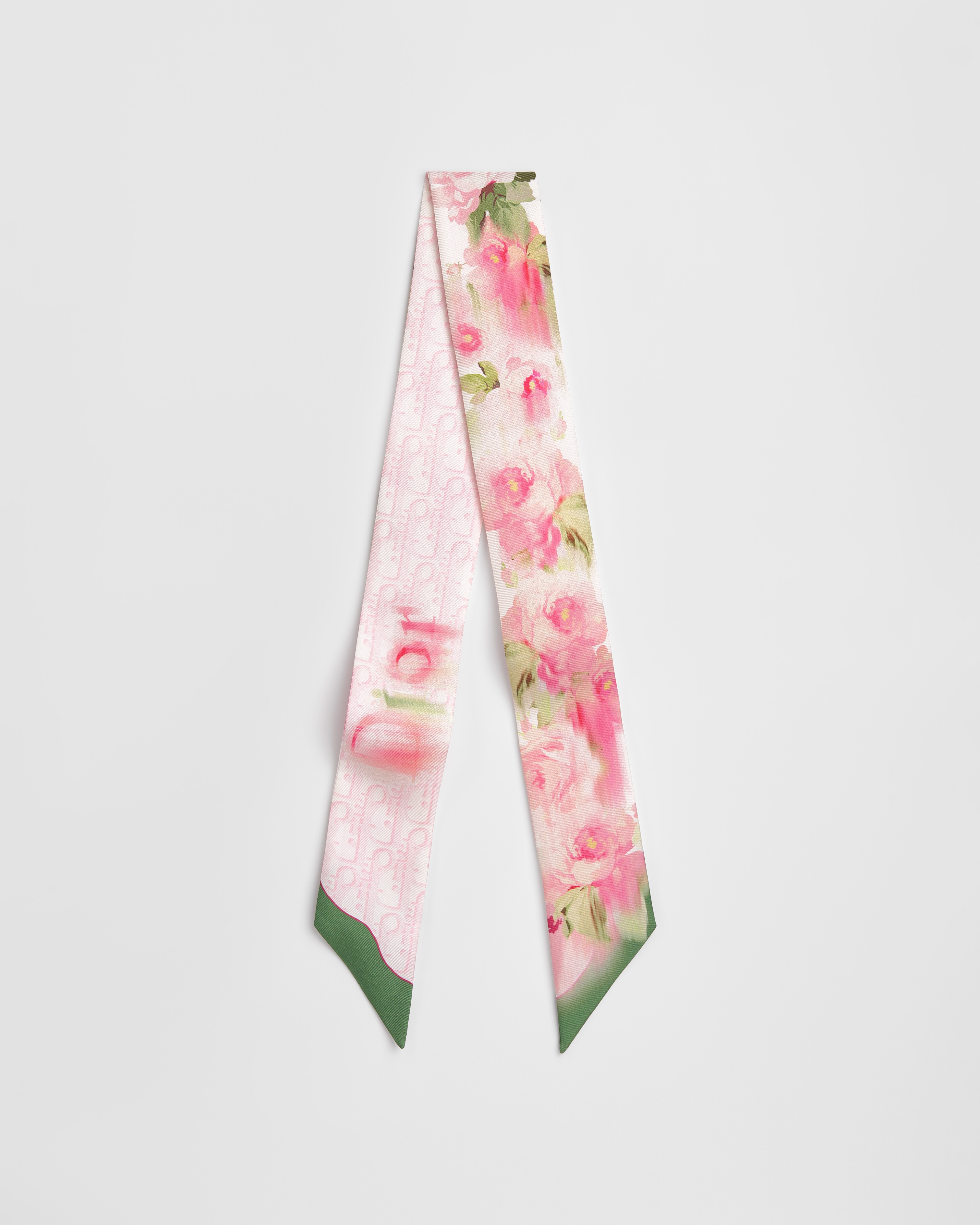 Dior Painted Roses Mitzah Scarf Pink and Green Silk Twill E01
