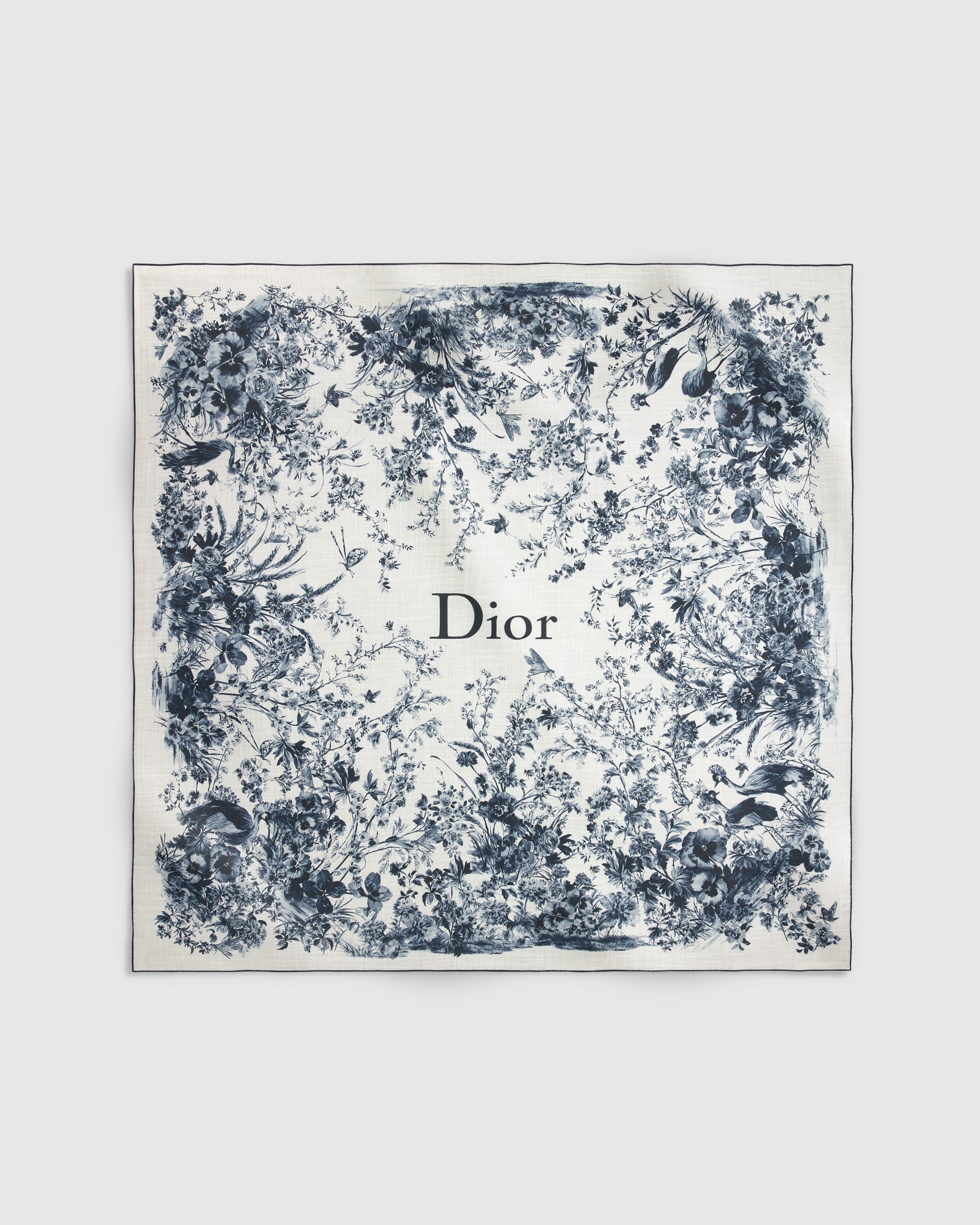 Sjaal met Toile de Jouy Floral Garden-motief Witte en marineblauwe wol en zijde E01