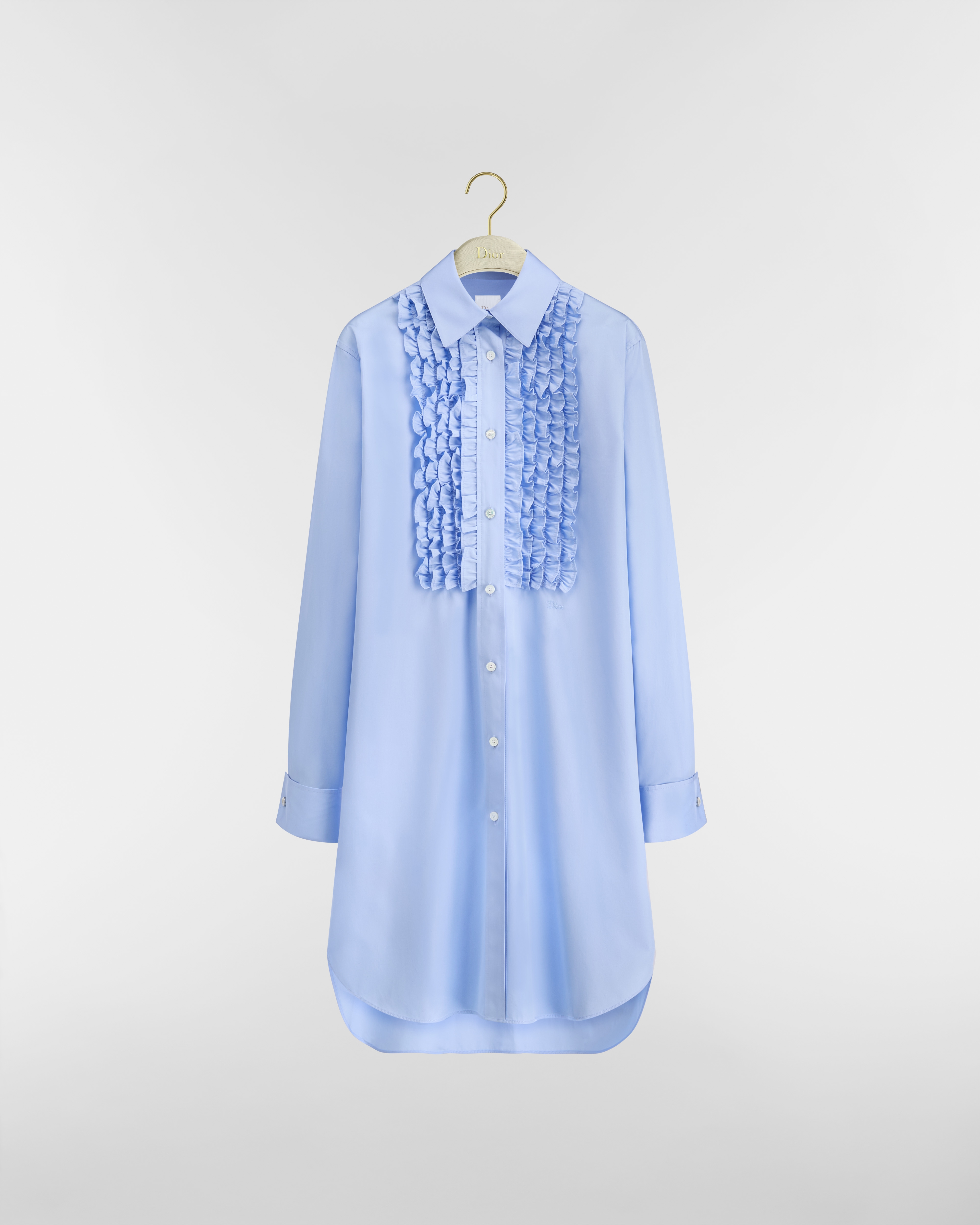 Lange Dioriviera Bluse mit gerüschtem Plastron Baumwollpopelin in Hellblau E01