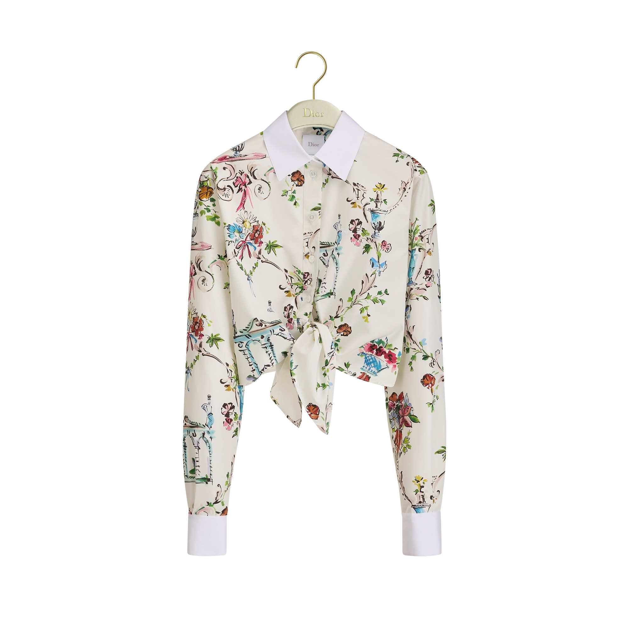 Dioriviera Tied Cropped Blouse White Cotton Poplin with Multicolor Dior Arabesque Motif E01