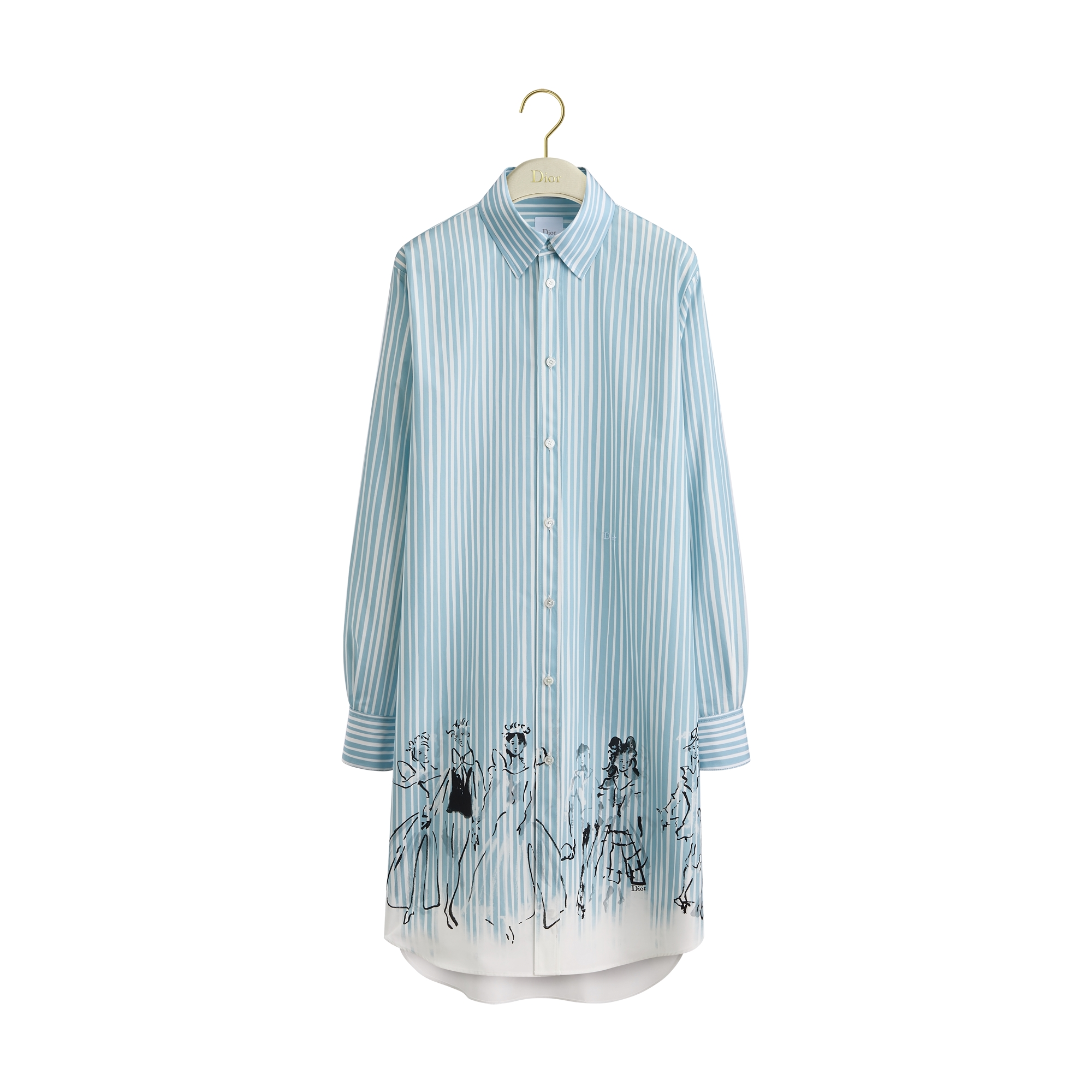 Dioriviera Long Blouse Blue and White Cotton Poplin with Black