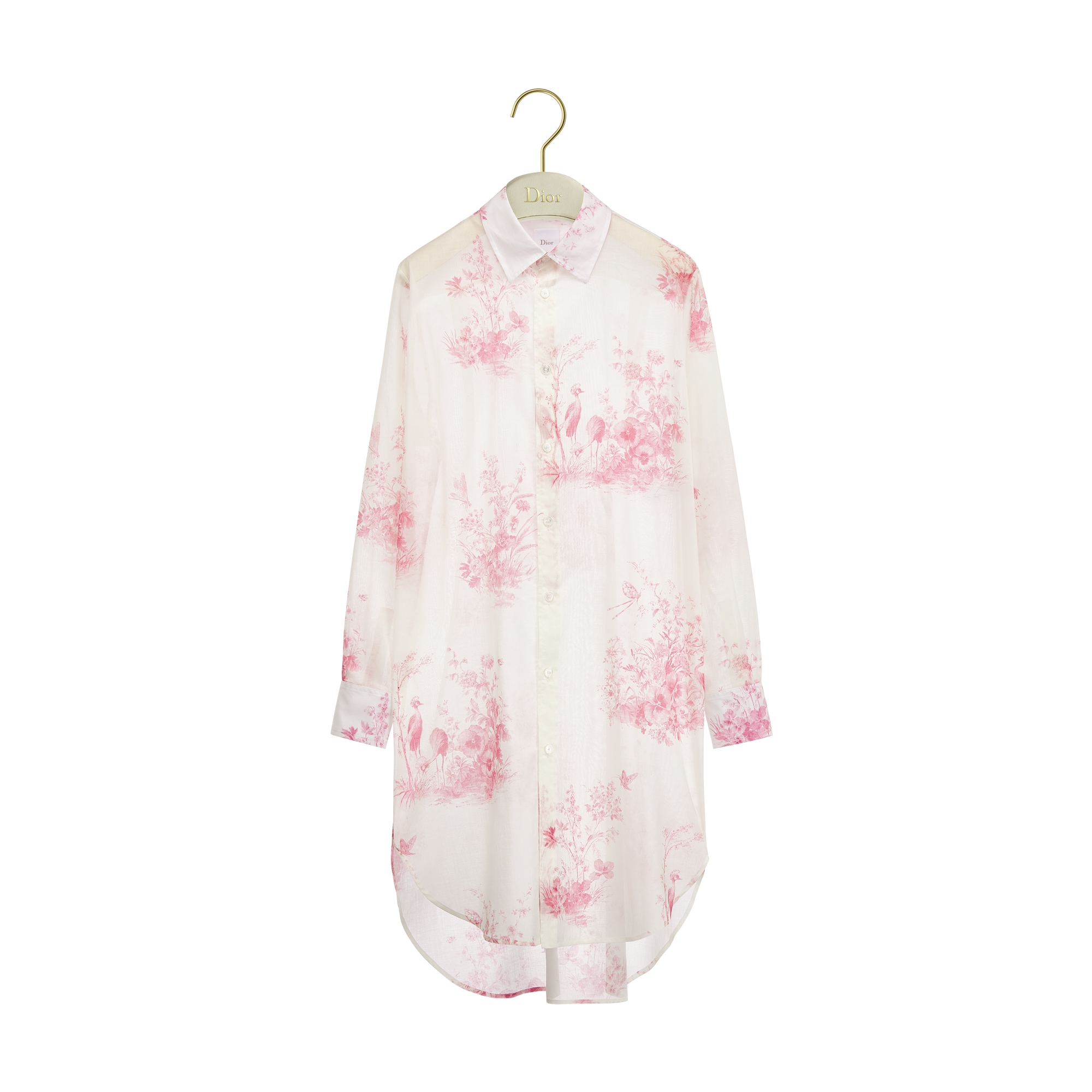 Dioriviera Long Blouse White and Pink Toile de Jouy Floral Garden Cotton Muslin E01