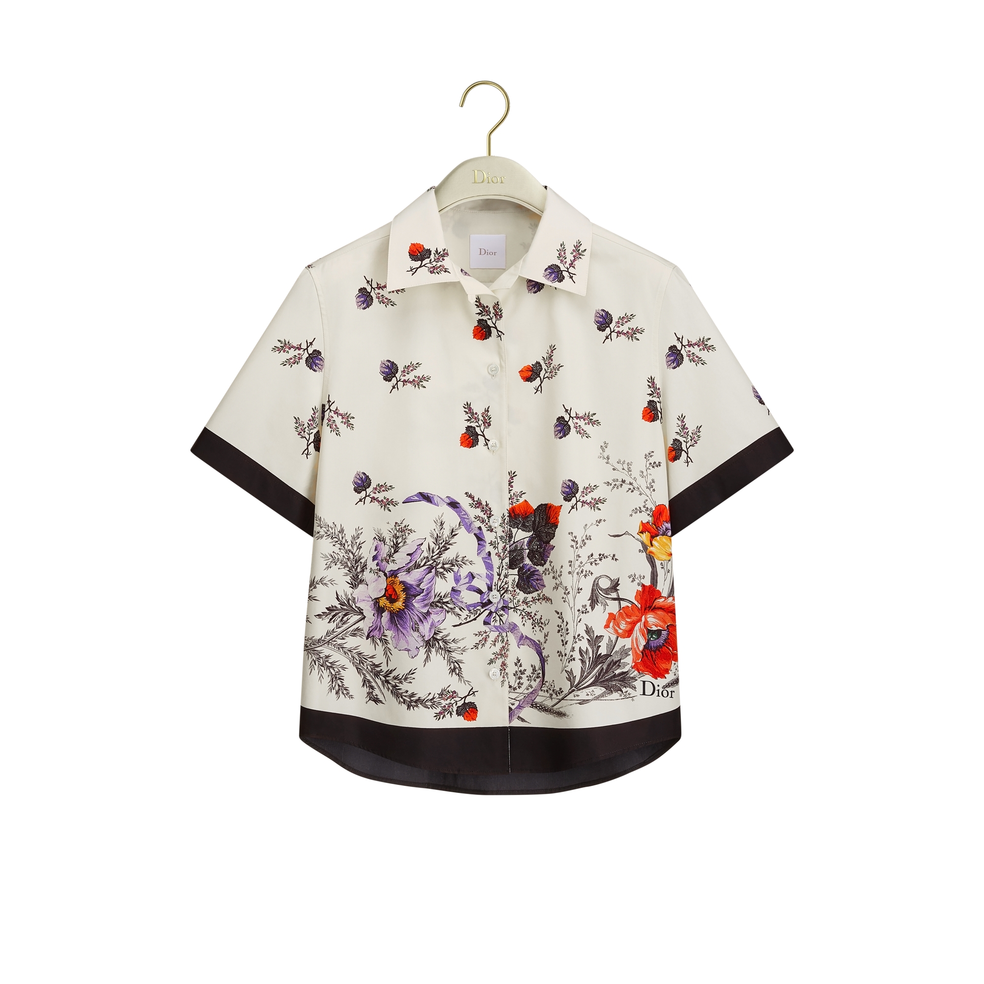 Short-Sleeved Blouse White Cotton Poplin with Multicolor Dior Bloom Tapestry Motif E01