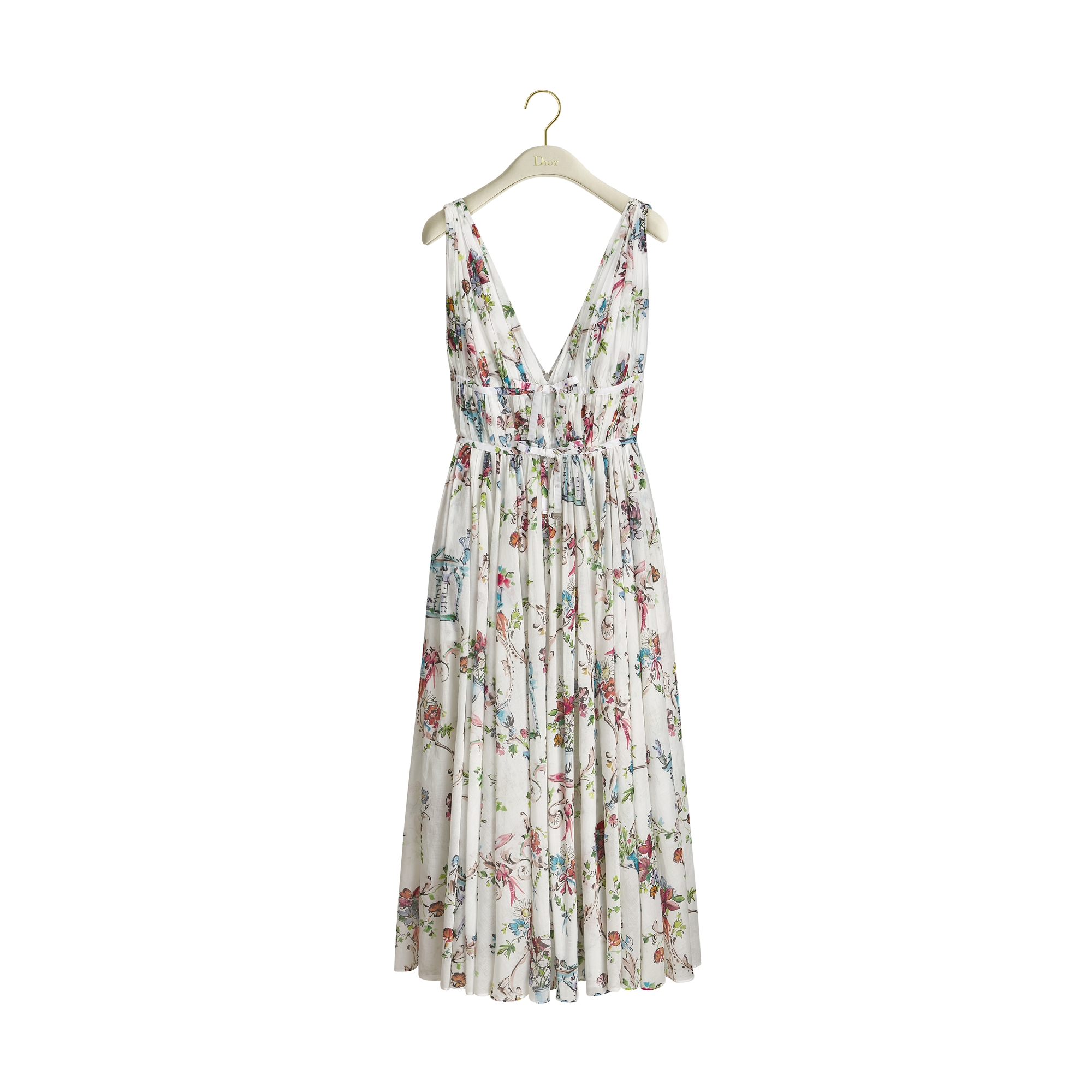 Dioriviera Mid-Length Flared Dress White Cotton Muslin with Multicolor Dior Arabesque Motif E01