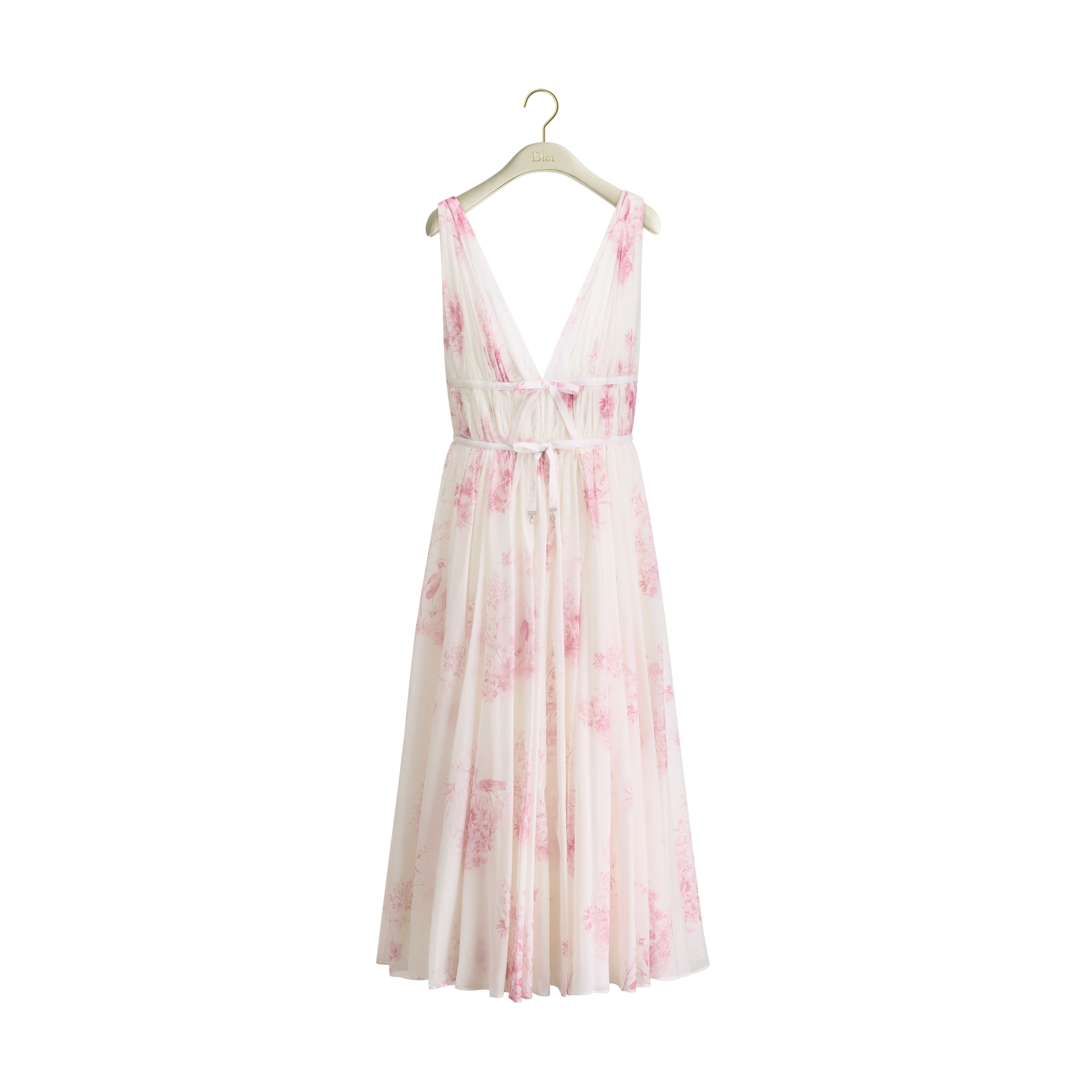 Dioriviera Mid-Length Flared Dress White and Pink Toile de Jouy Floral Garden Cotton Muslin E01