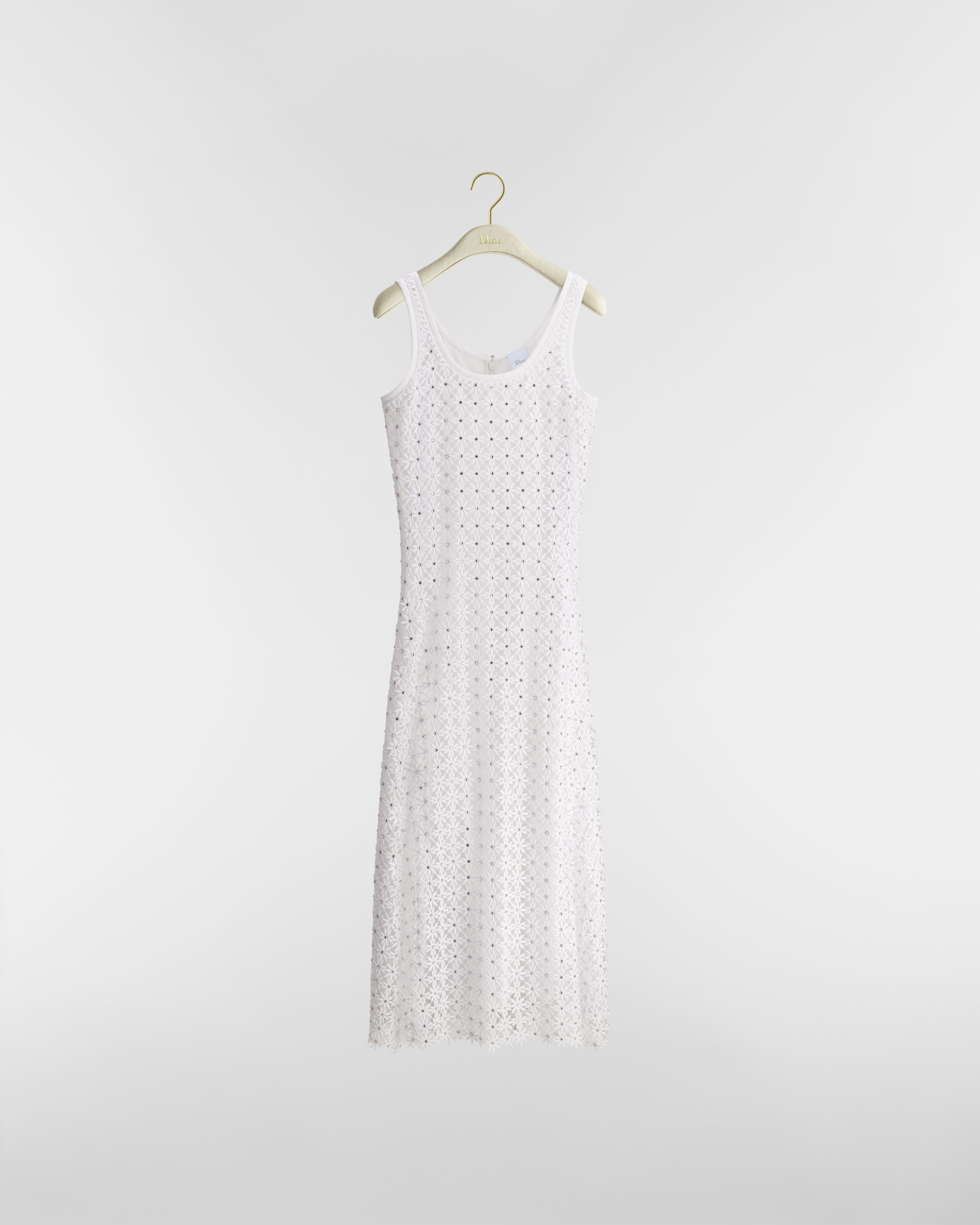 Vestido bordado de largo medio Dioriviera Encaje de mezcla de algodón y cristales Dior Daisy en blanco E01