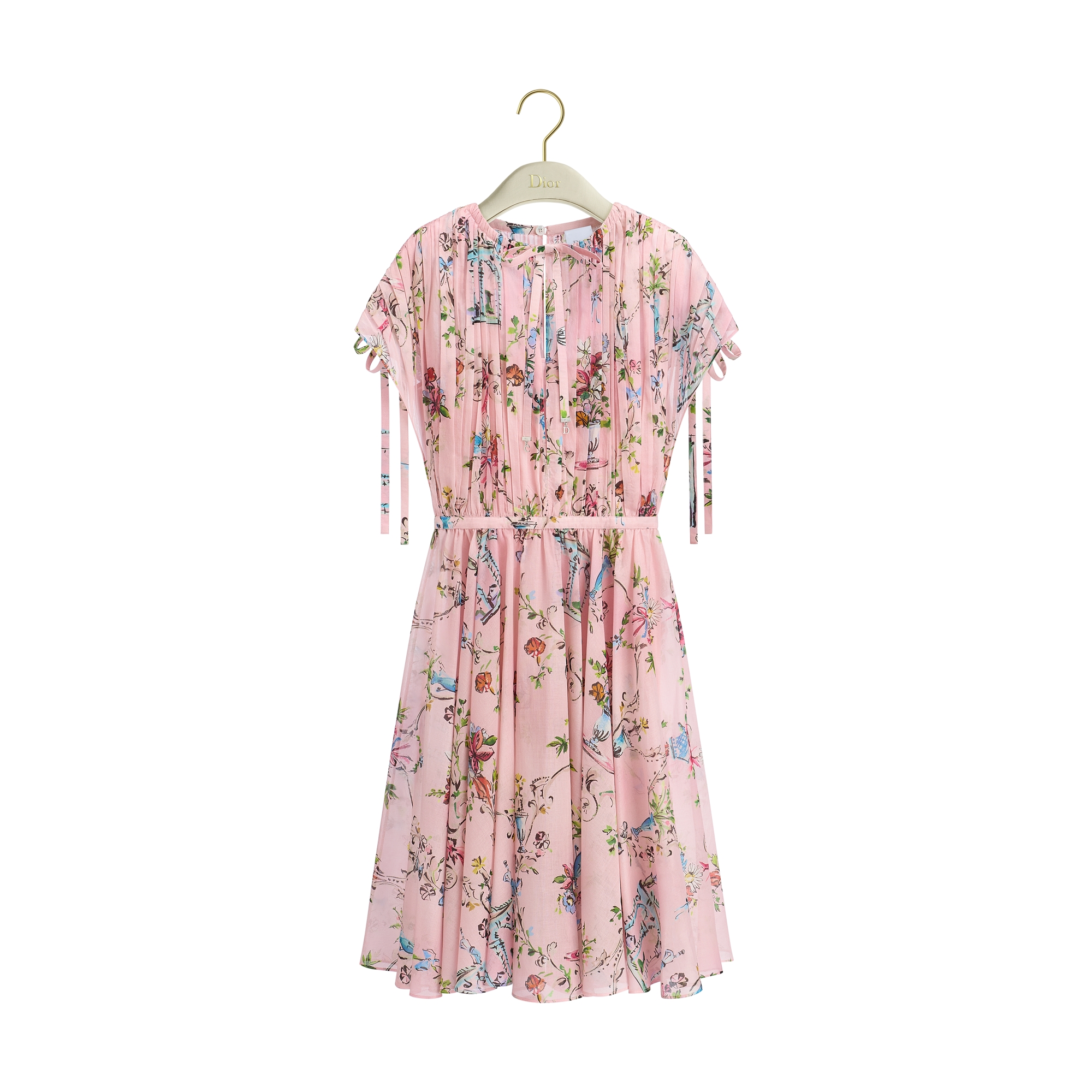 Dioriviera Short Flared Dress Pink Cotton Muslin with Multicolor Dior Arabesque Motif E01