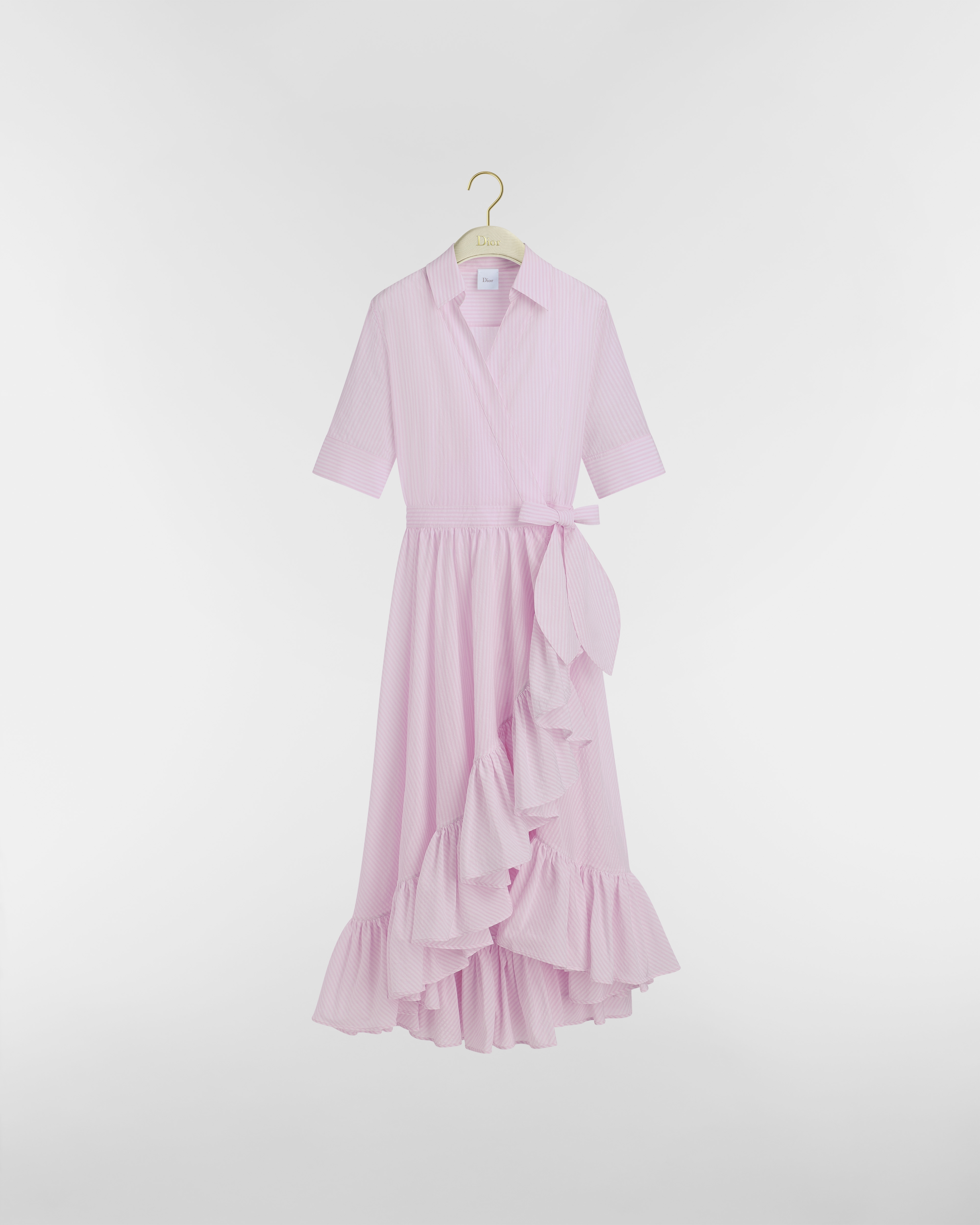 Abito midi con volant Dioriviera Seersucker di cotone bianco e rosa con motivo D-Stripes E01