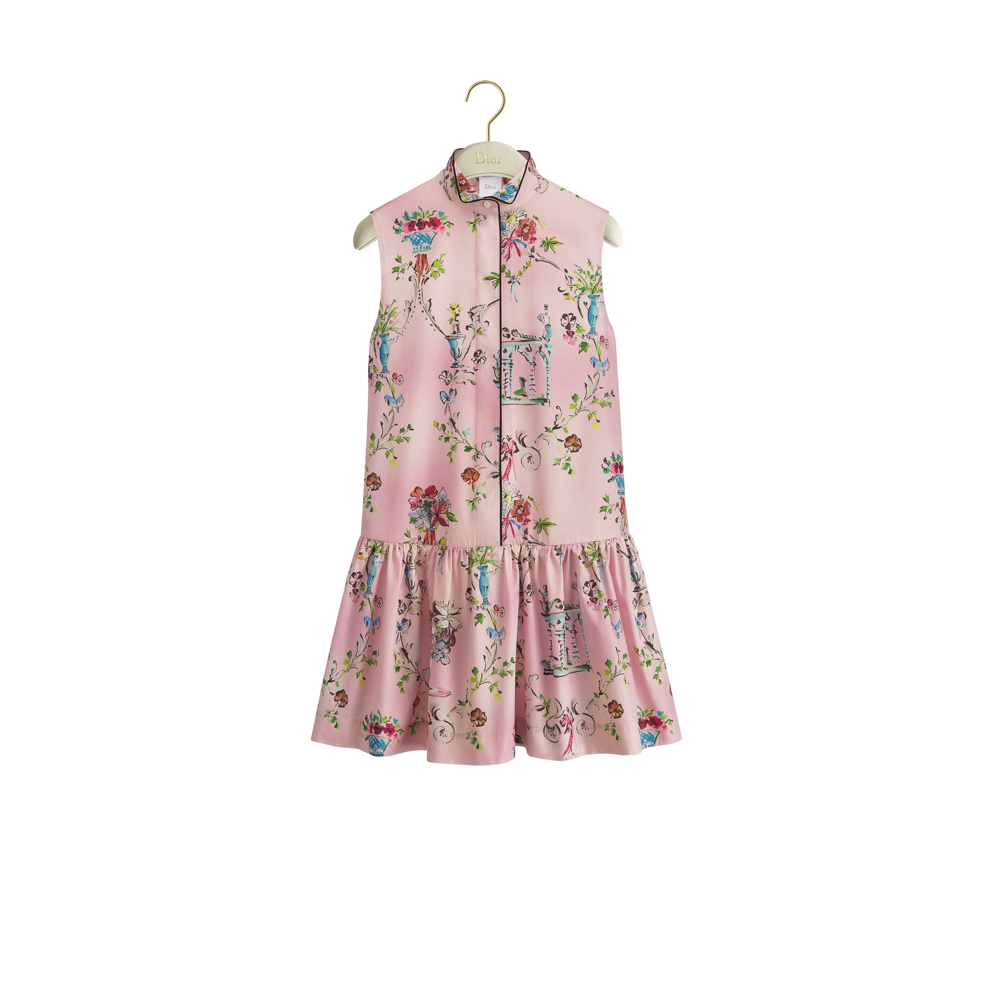 Dioriviera Short Flared Dress Pink Cotton Poplin with Multicolor Dior Arabesque Motif E01