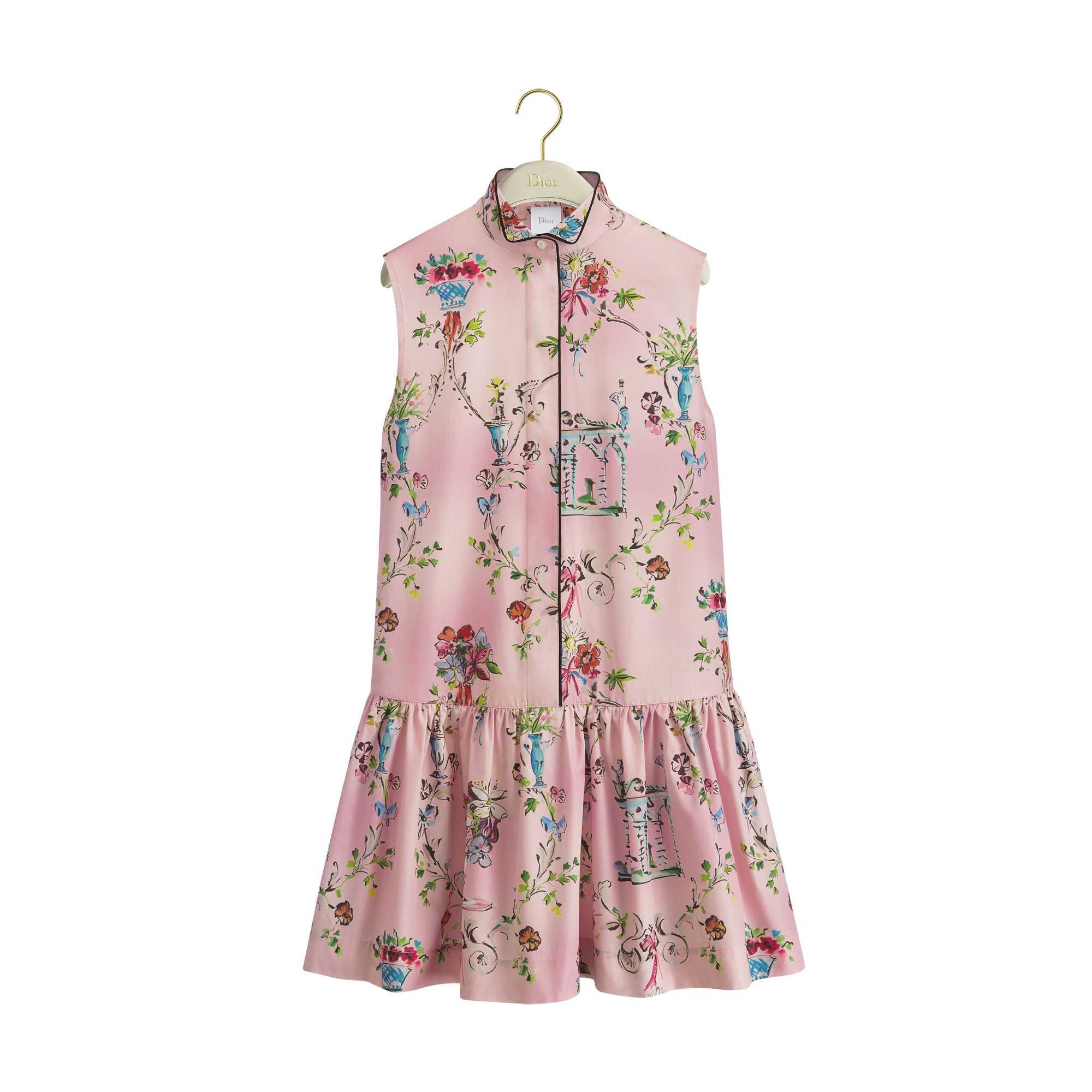 Dioriviera Short Flared Dress Pink Cotton Poplin with Multicolor Dior Arabesque Motif E01