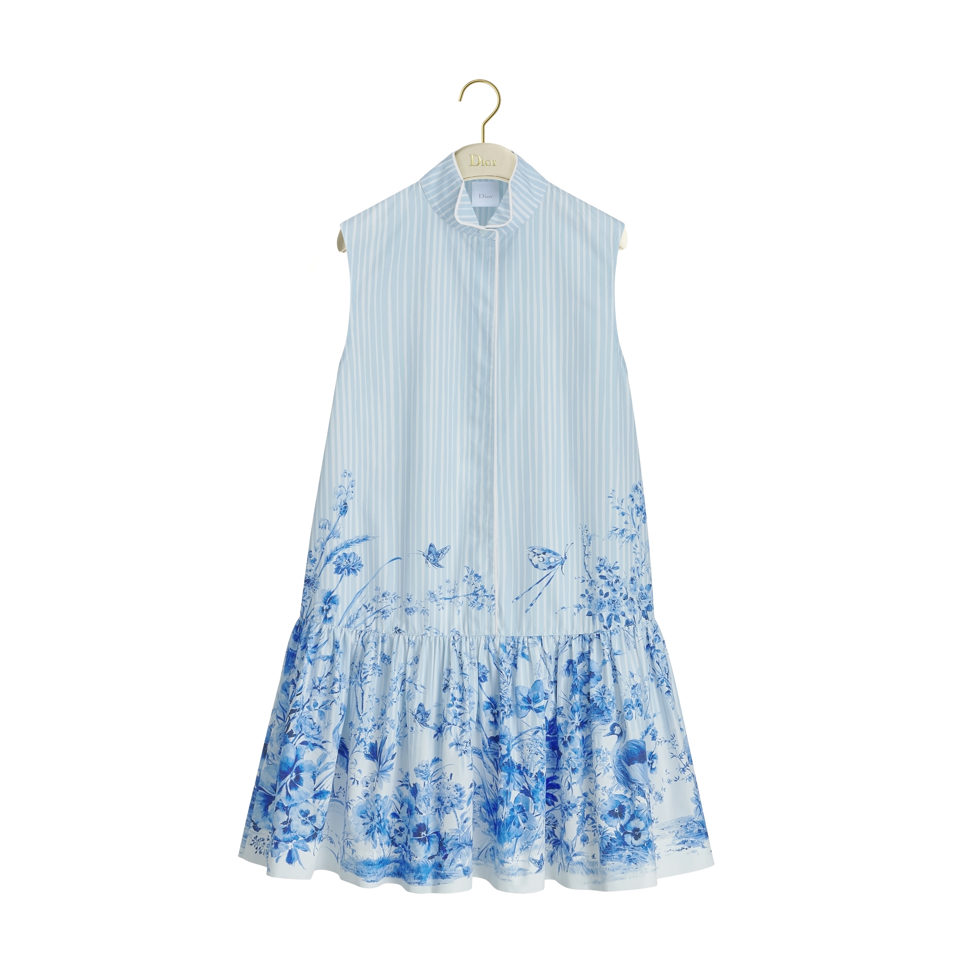 Dioriviera Short Flared Dress White and Navy Blue Toile de Jouy Floral Garden Cotton Poplin E01
