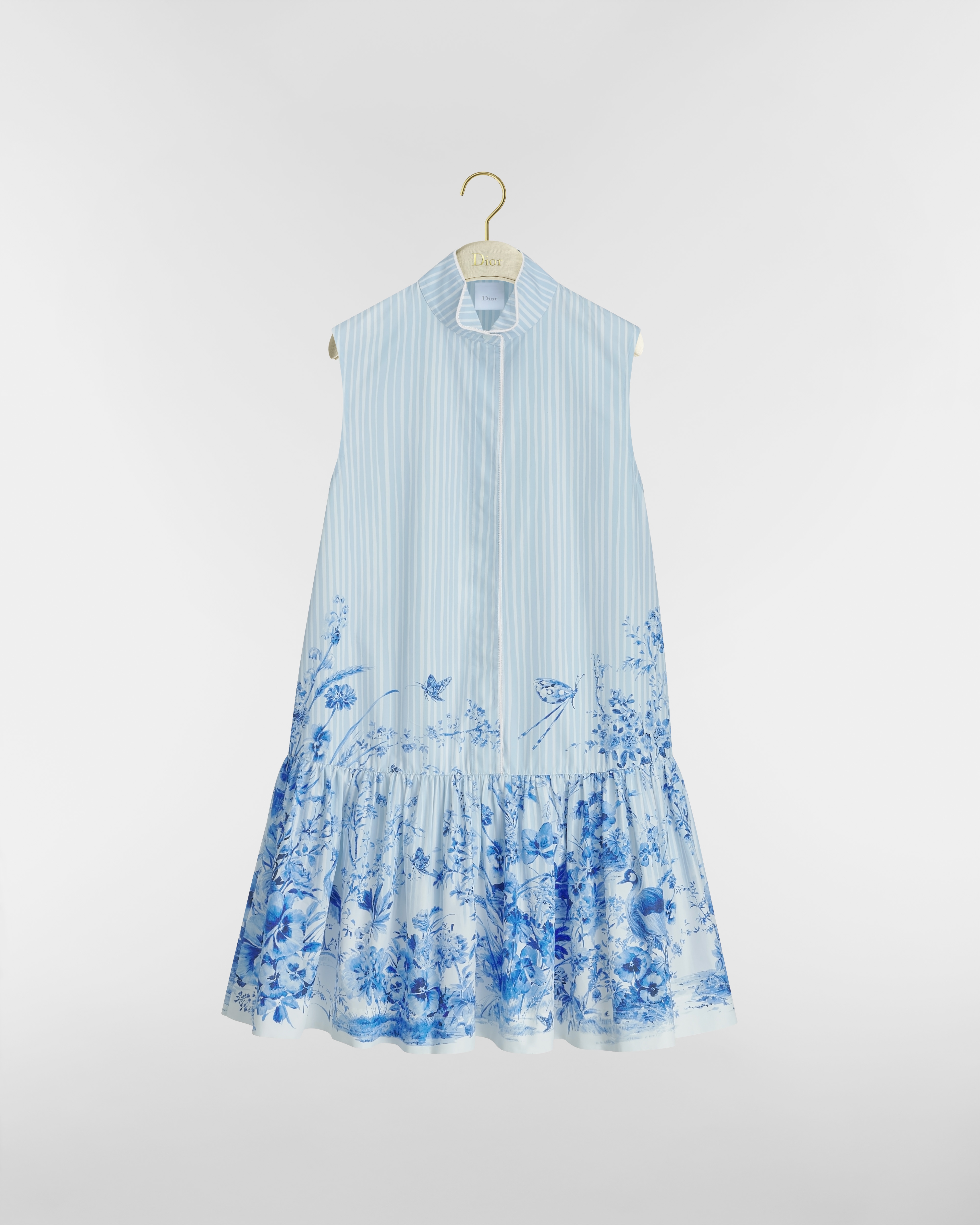 Dioriviera Short Flared Dress White and Navy Blue Toile de Jouy Floral Garden Cotton Poplin E01