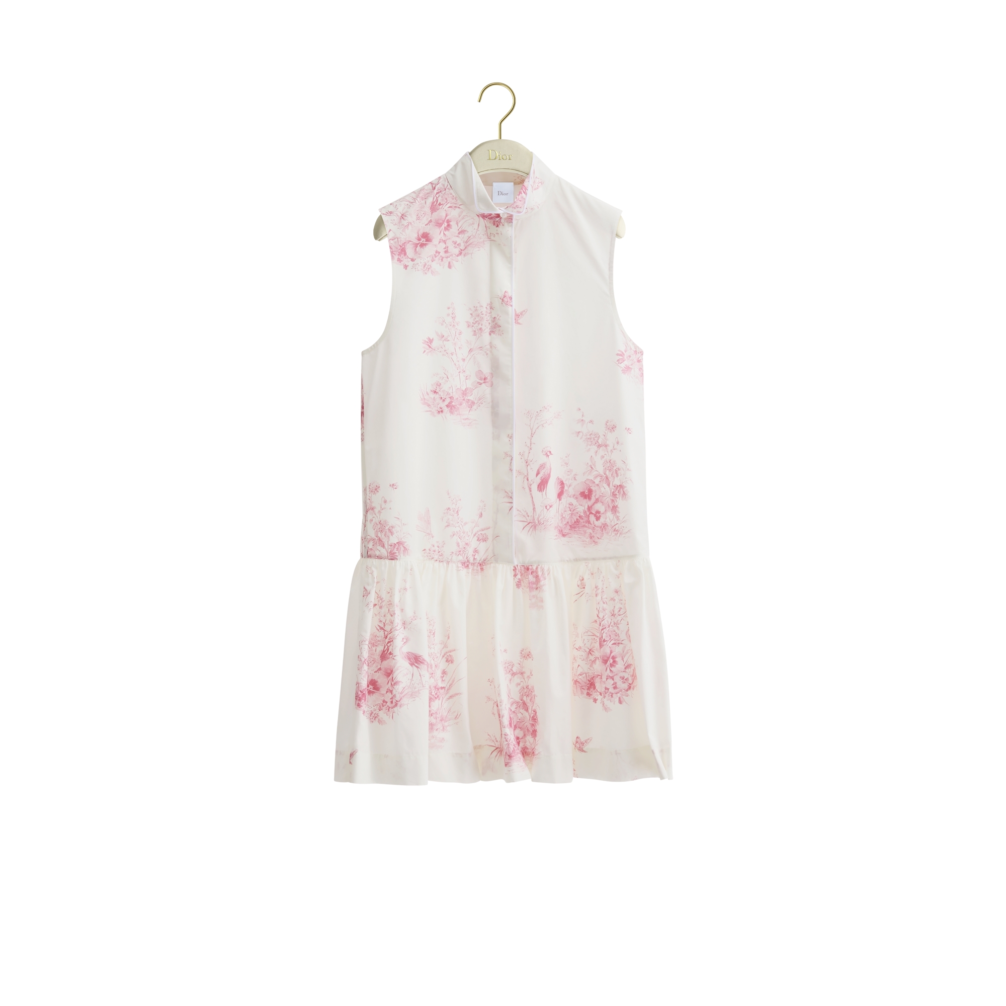Dioriviera Short Flared Dress White and Pink Toile de Jouy Floral Garden Cotton Poplin E01