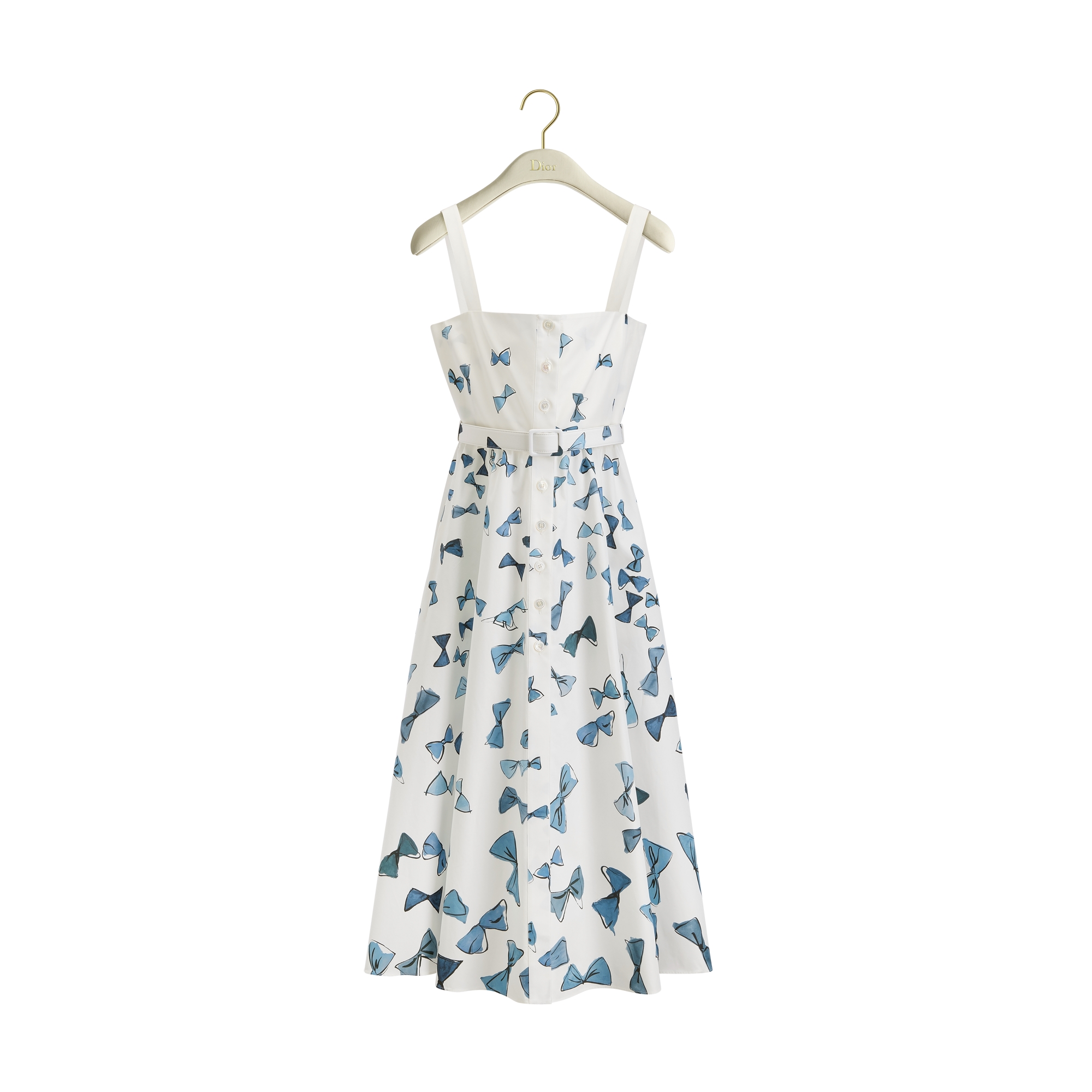 Dioriviera Mid-Length Belted Dress White Cotton Poplin with Blue Dior Bows Motif E01