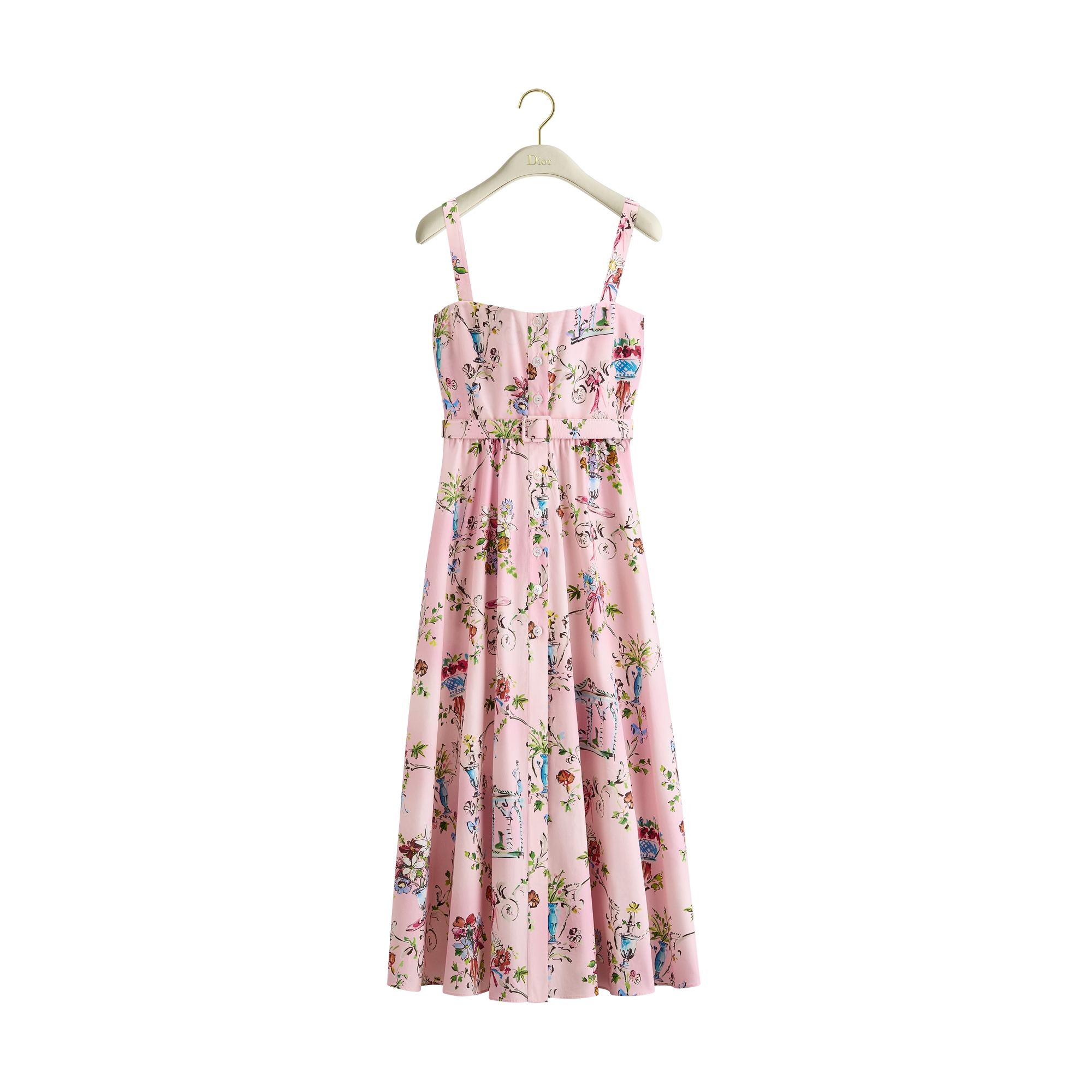 Dioriviera Mid-Length Belted Dress Pink Cotton Poplin with Multicolor Dior Arabesque Motif E01