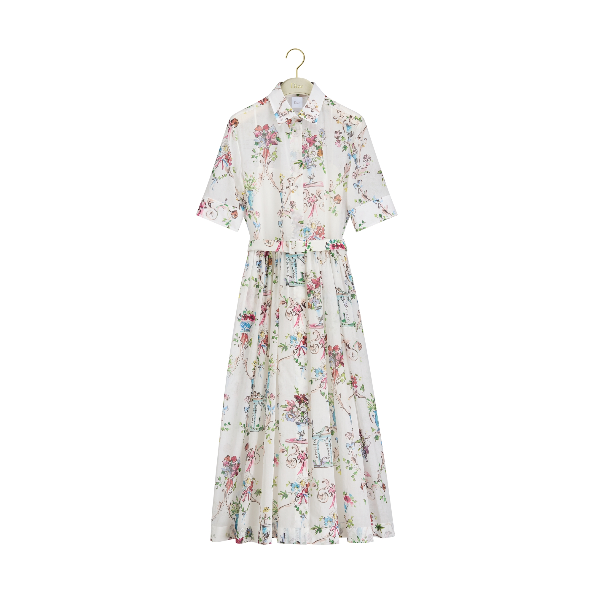 Dioriviera Mid-Length Shirtdress White Cotton Muslin with Multicolor Dior Arabesque Motif E01