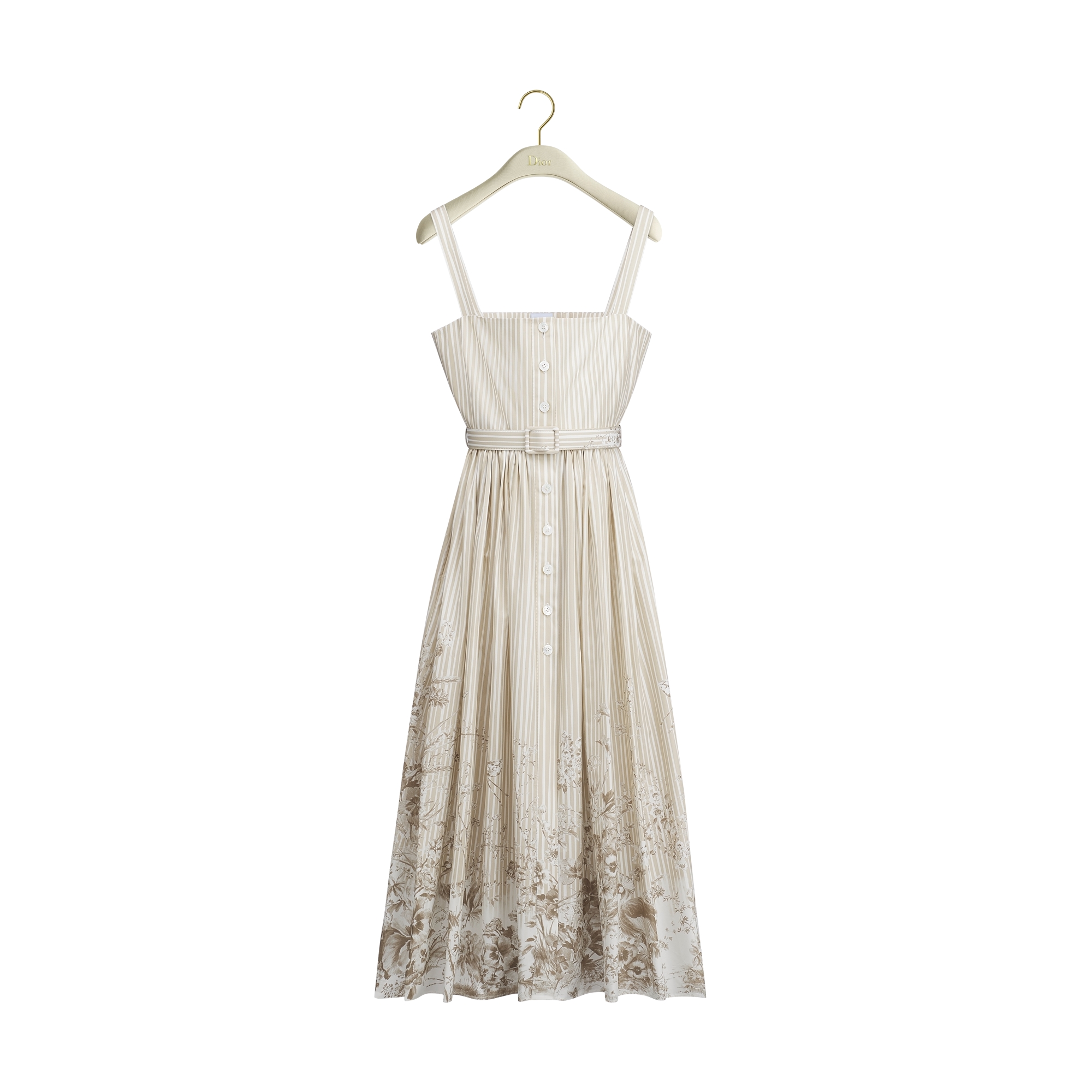 Dioriviera Mid-Length Belted Dress Beige Toile de Jouy Floral Garden Cotton Poplin E01