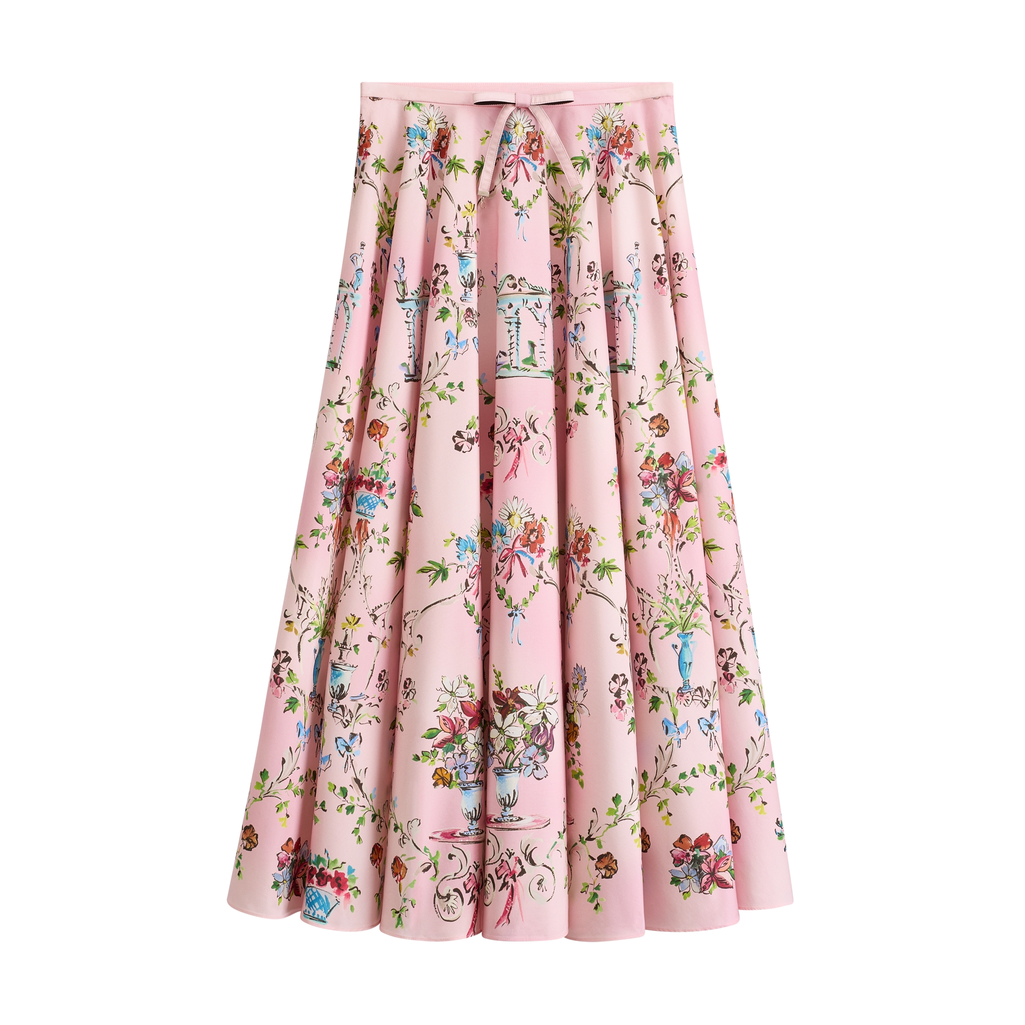 Dioriviera Mid-Length Flared Skirt Pink Cotton Poplin with Multicolor Dior Arabesque Motif E01