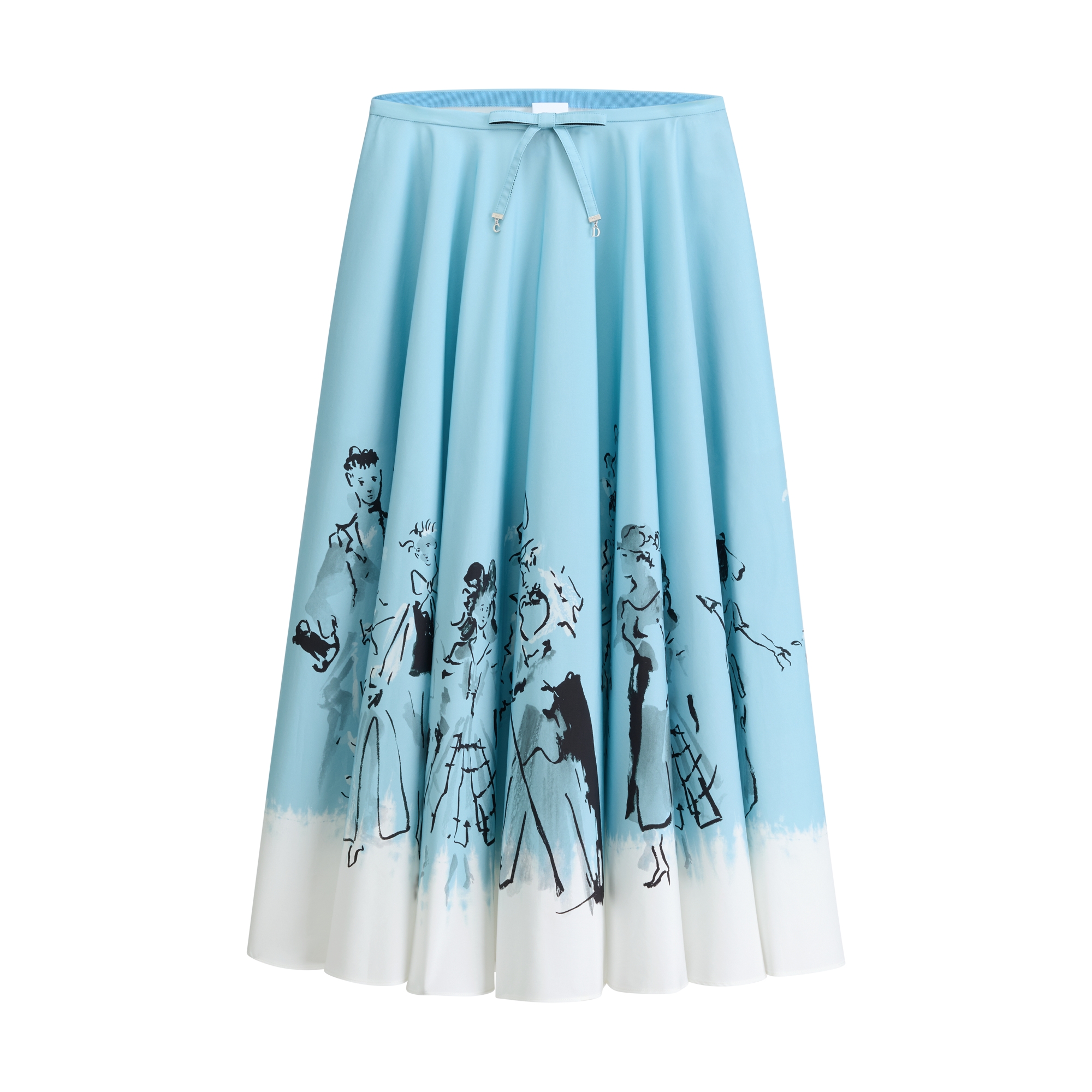 Dioriviera Mid-Length Flared Skirt Blue Cotton Poplin with Black and White Dior Masquerade Motif E01