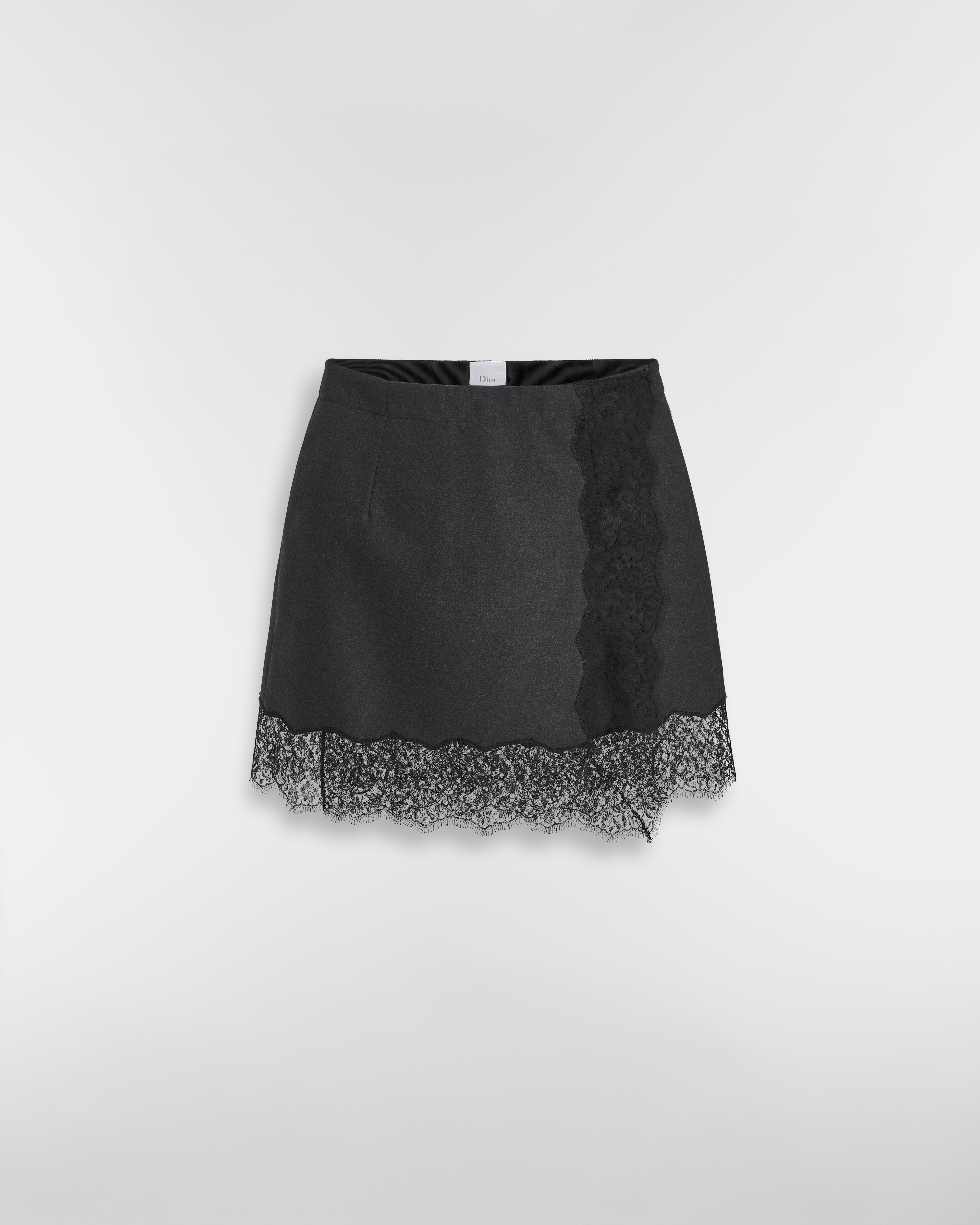 Mini jupe droite Flanelle de laine et cachemire gris foncé et dentelle noire E01