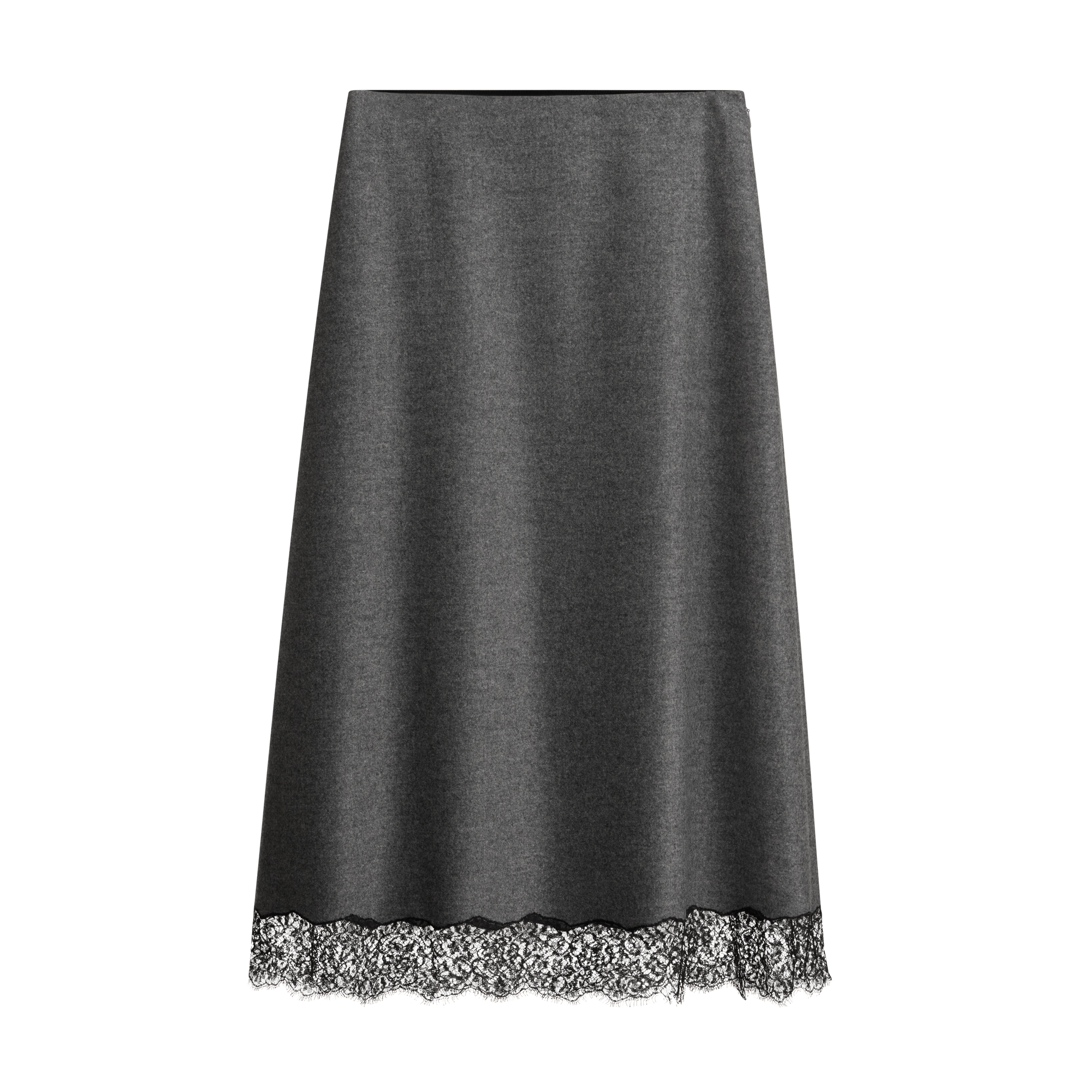 Mid-Length Straight Skirt Heathered Gray Wool-Cashmere Flannel and Black Lace E01