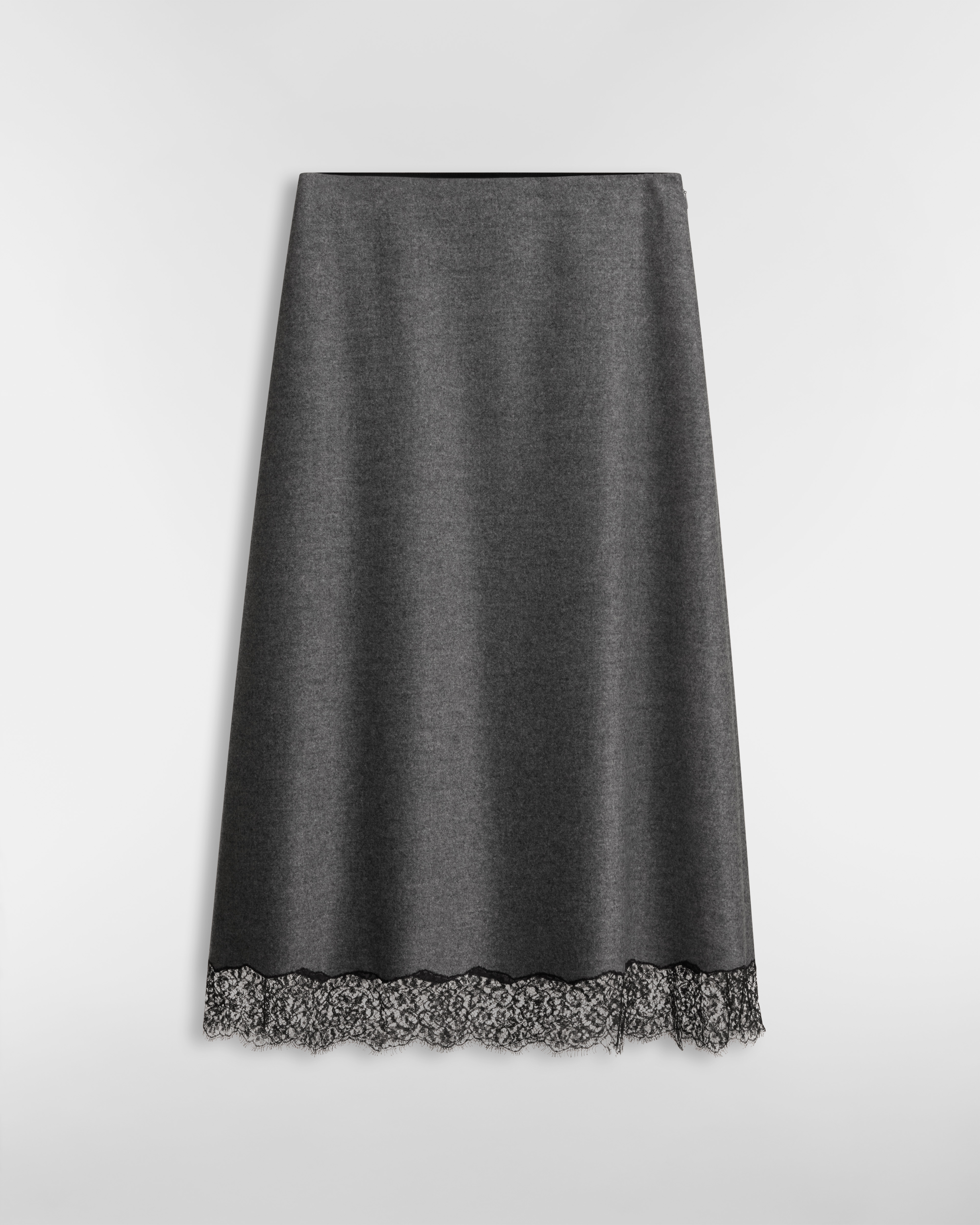 Midilange, rechte rok Gemêleerd grijs flanel van wol en kasjmier en zwart kant E01