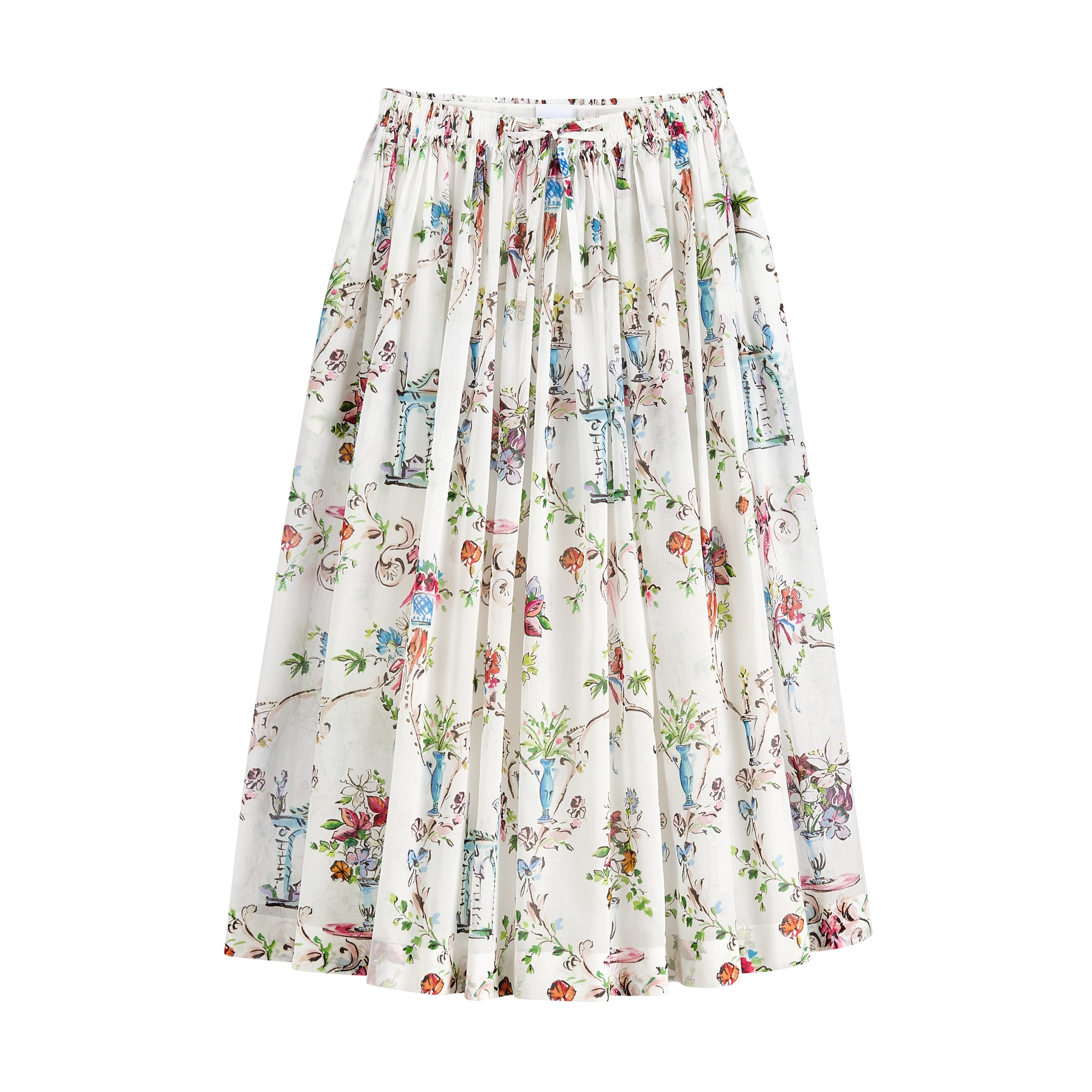 Dioriviera Mid-Length Flared Skirt White Cotton Muslin with Multicolor Dior Arabesque Motif E01