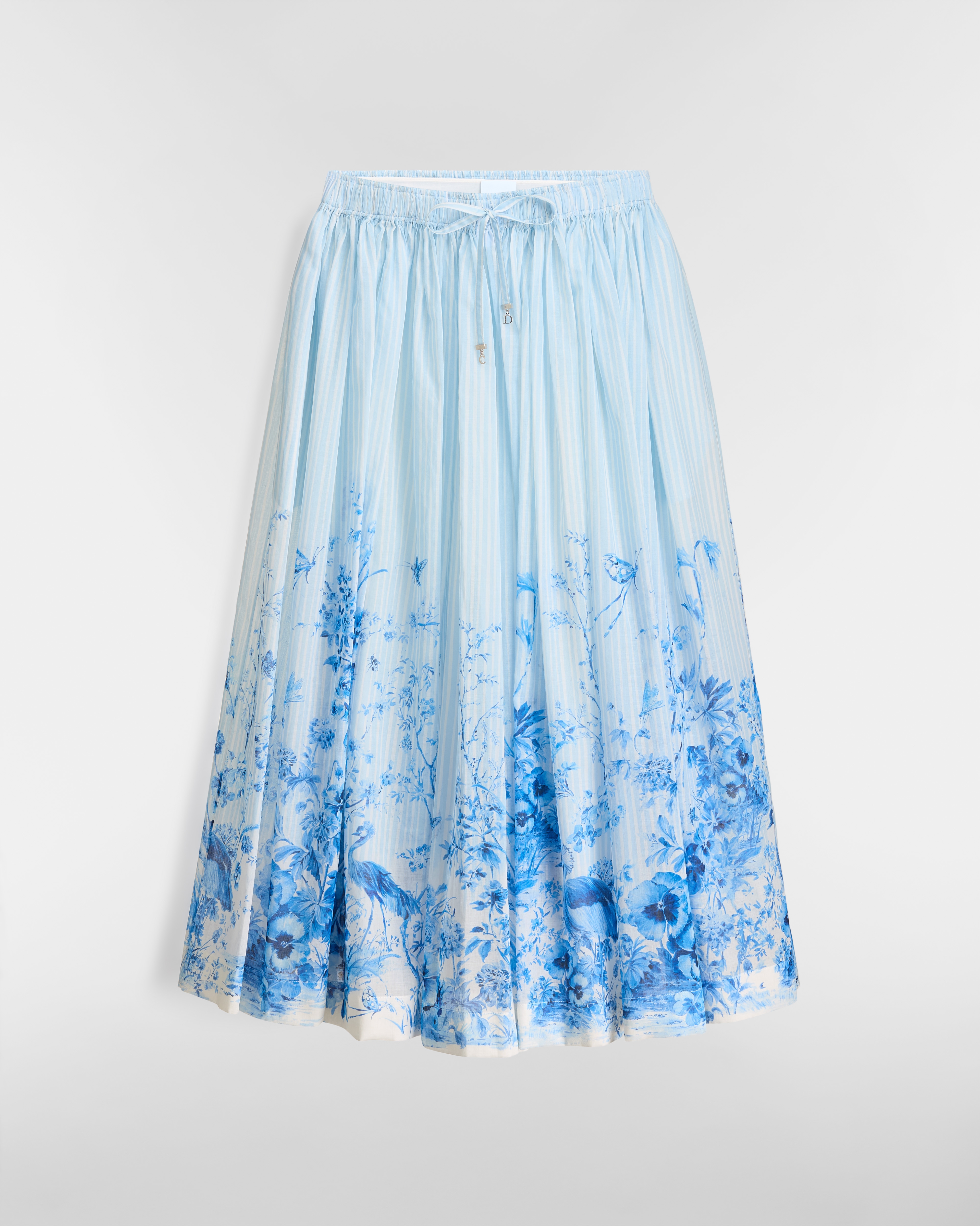 Saia Dioriviera evasê mídi Musseline de algodão Toile de Jouy Floral Garden branca e azul-marinho E01