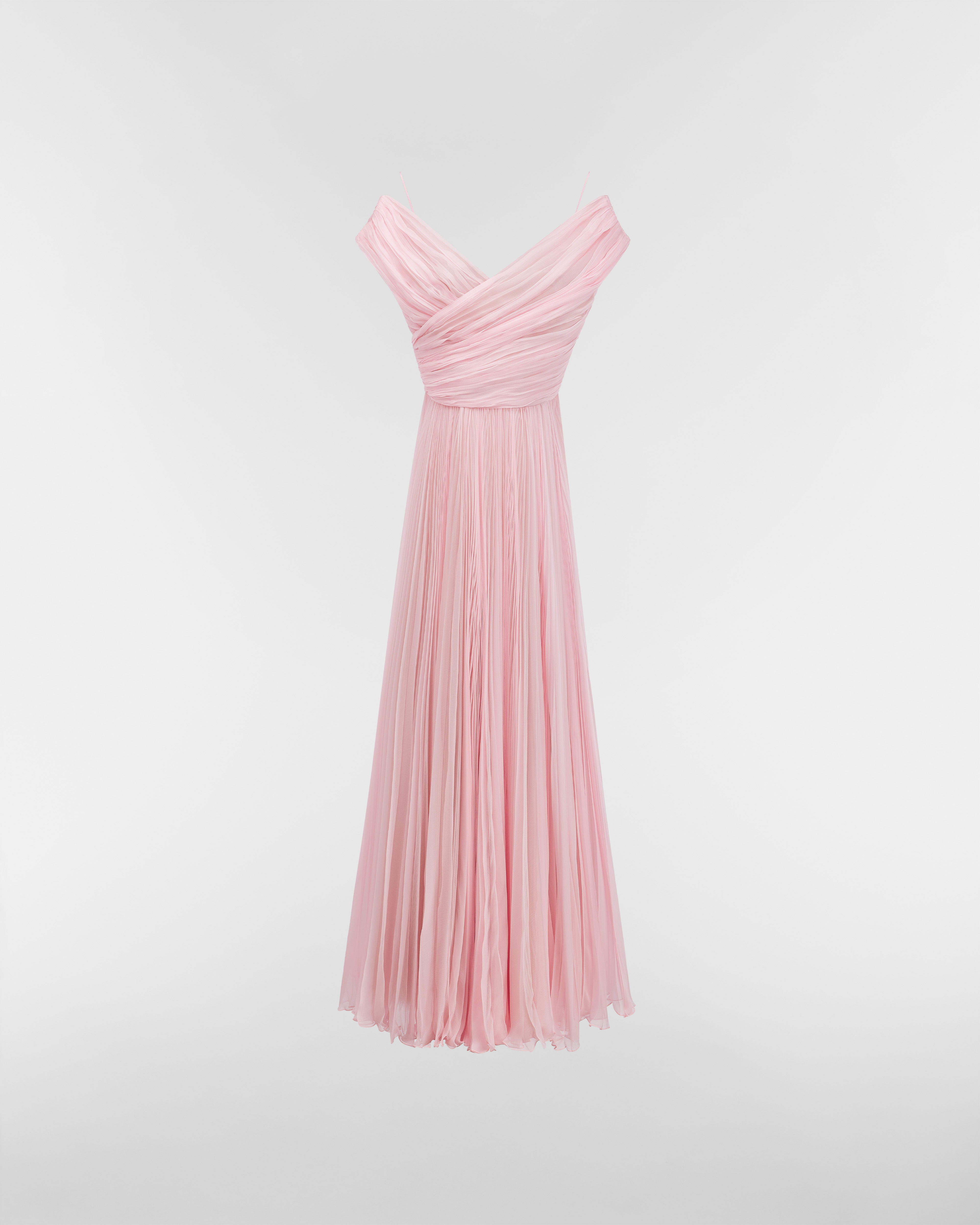 Long Off-the-Shoulder Pleated Dress Pink Silk Chiffon E01