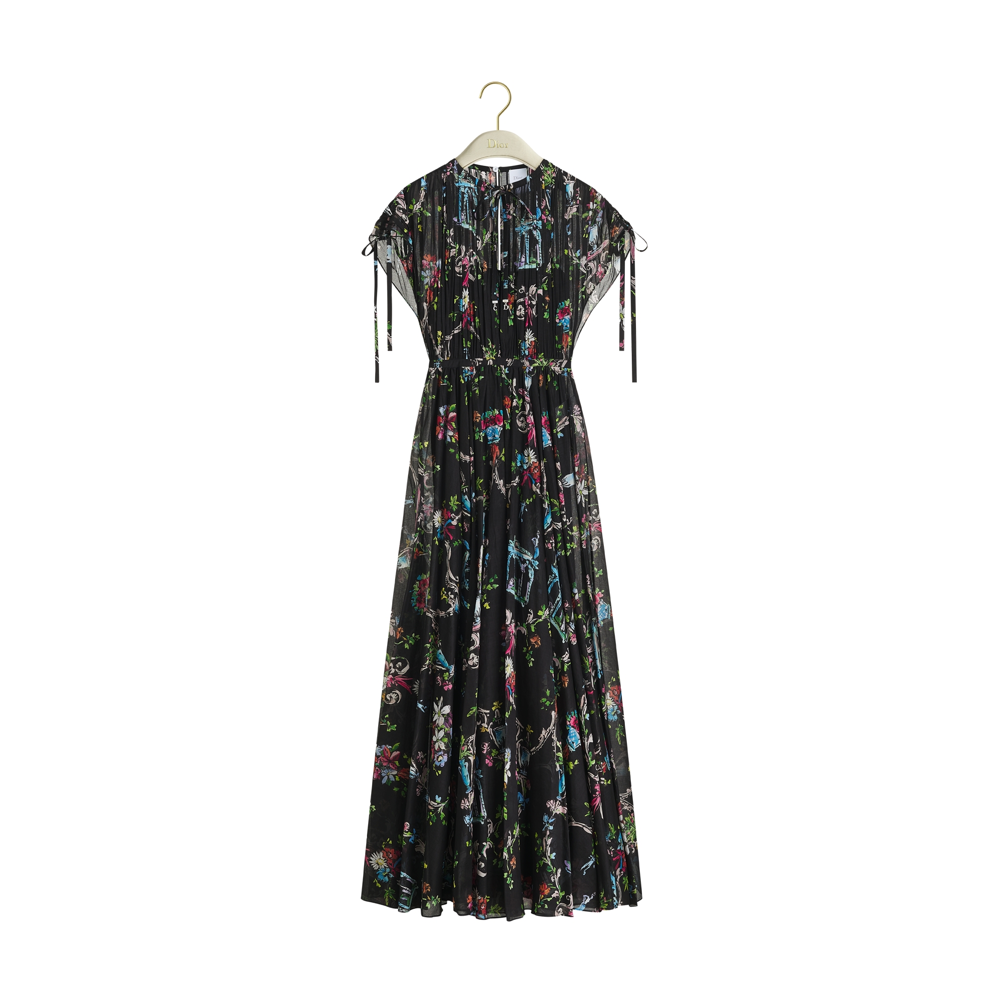 Dioriviera Long Flared Dress Black Cotton Muslin with Multicolor Dior Arabesque Motif E01