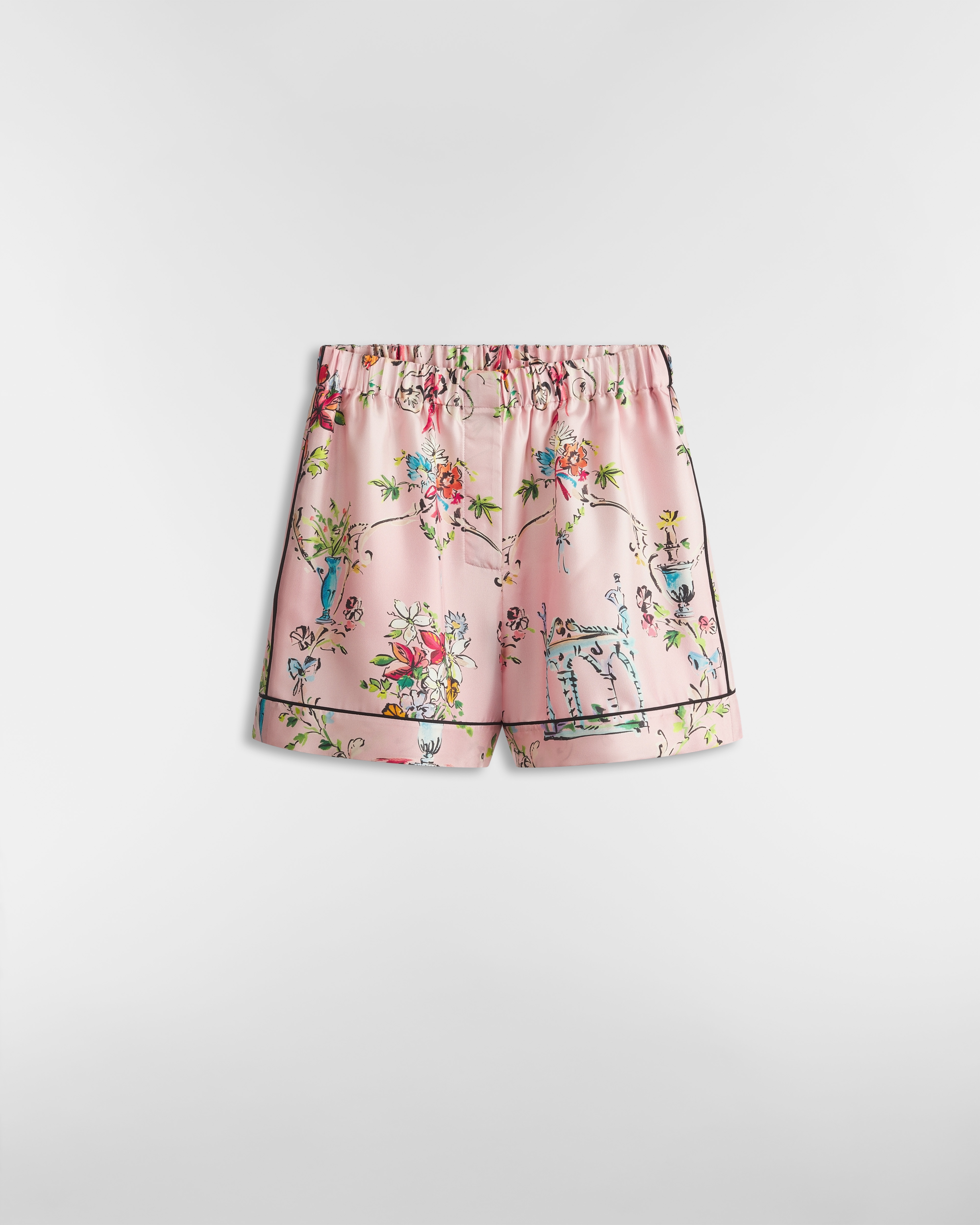 Dioriviera Shorts Seidentwill in Rosa mit Dior Arabesque Motiv in mehreren Farben E01