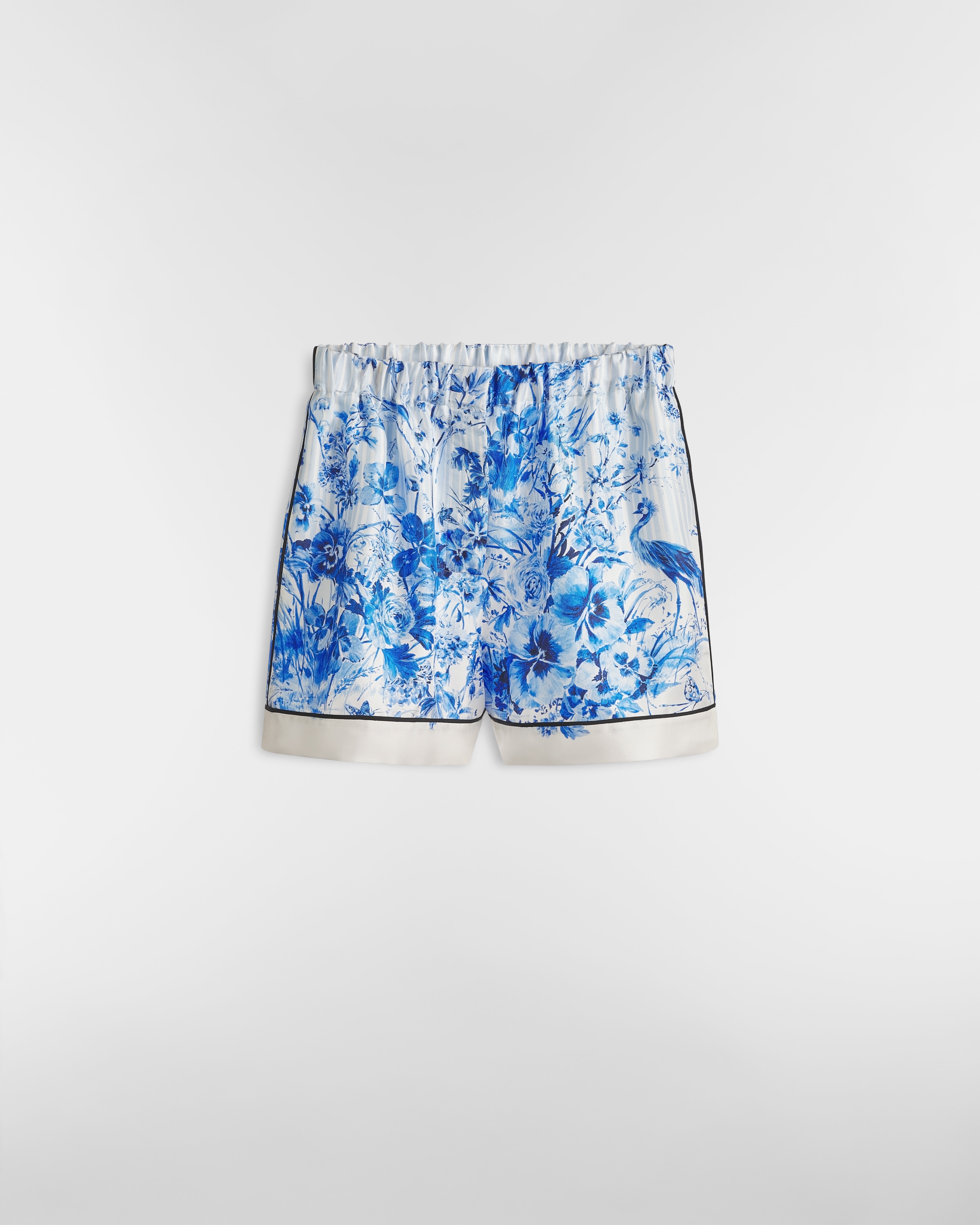 Dioriviera Shorts Toile de Jouy Floral Garden Seidentwill in Weiß und Marineblau E01