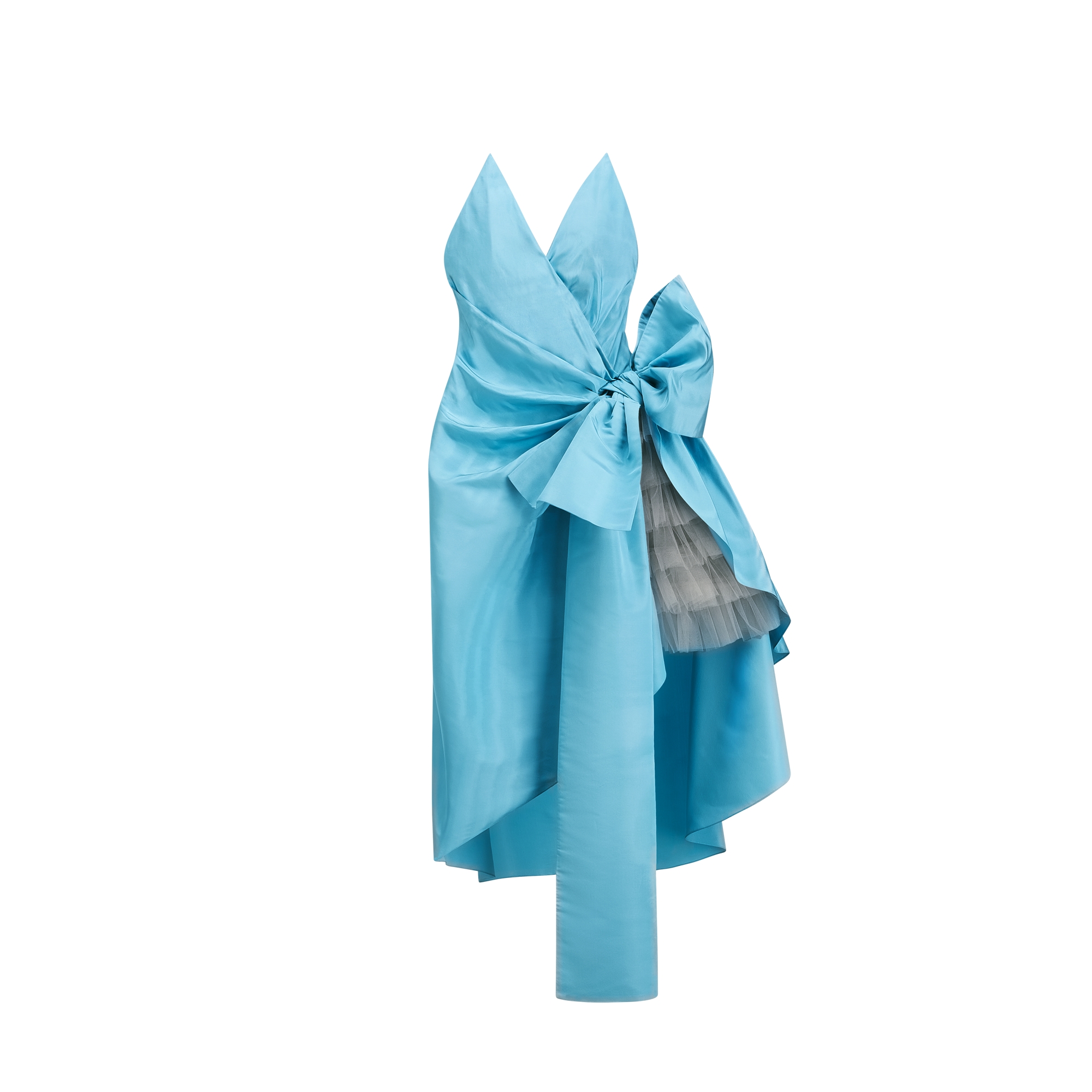 Mid-Length Draped Asymmetrical Bustier Dress Blue Moiré Silk E01
