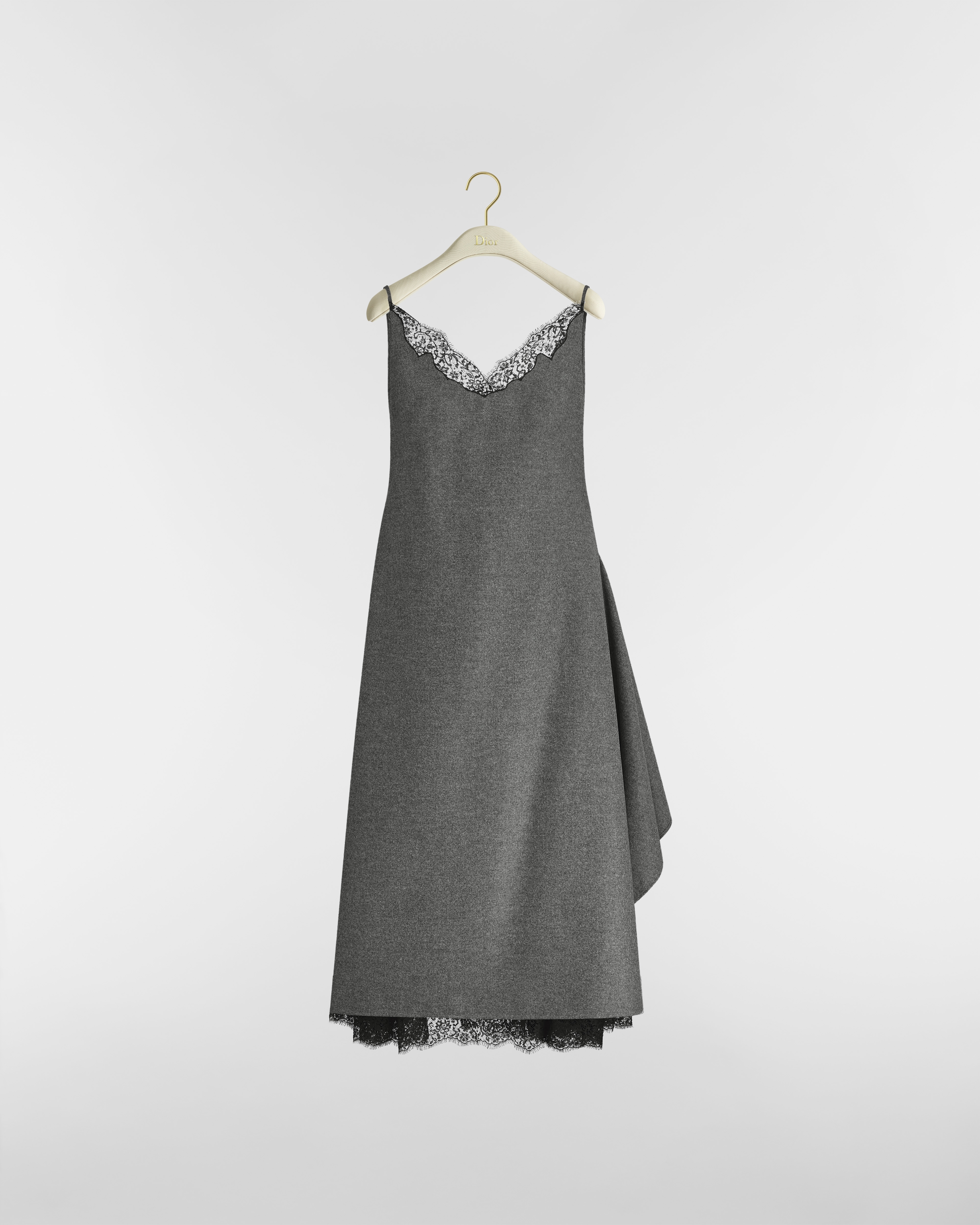 Vestido mídi assimétrico Flanela de lã e cashmere cinza-mesclado e renda preta E01