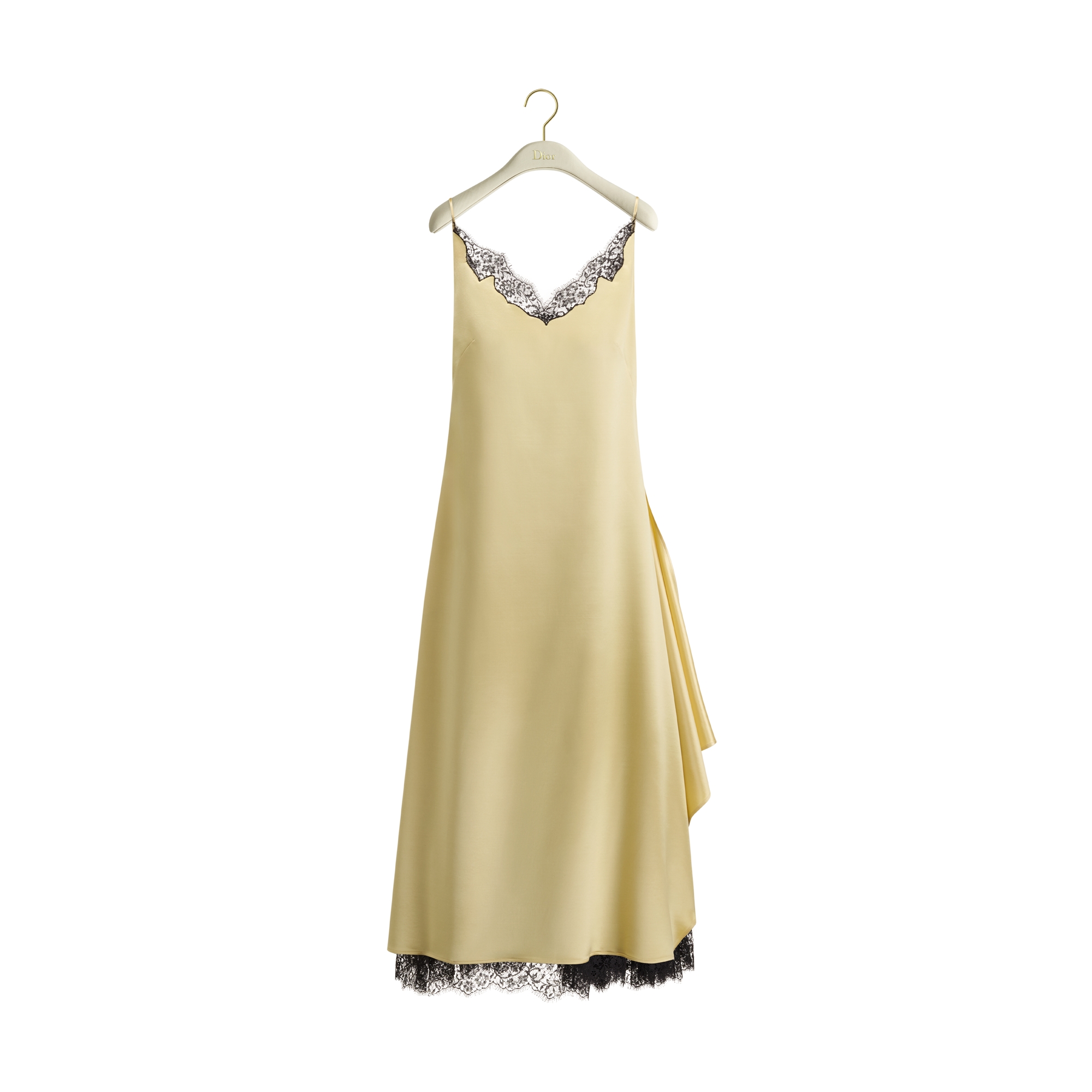 Mid-Length Asymmetrical Dress Pale Yellow Wool and Silk with Black Lace E01