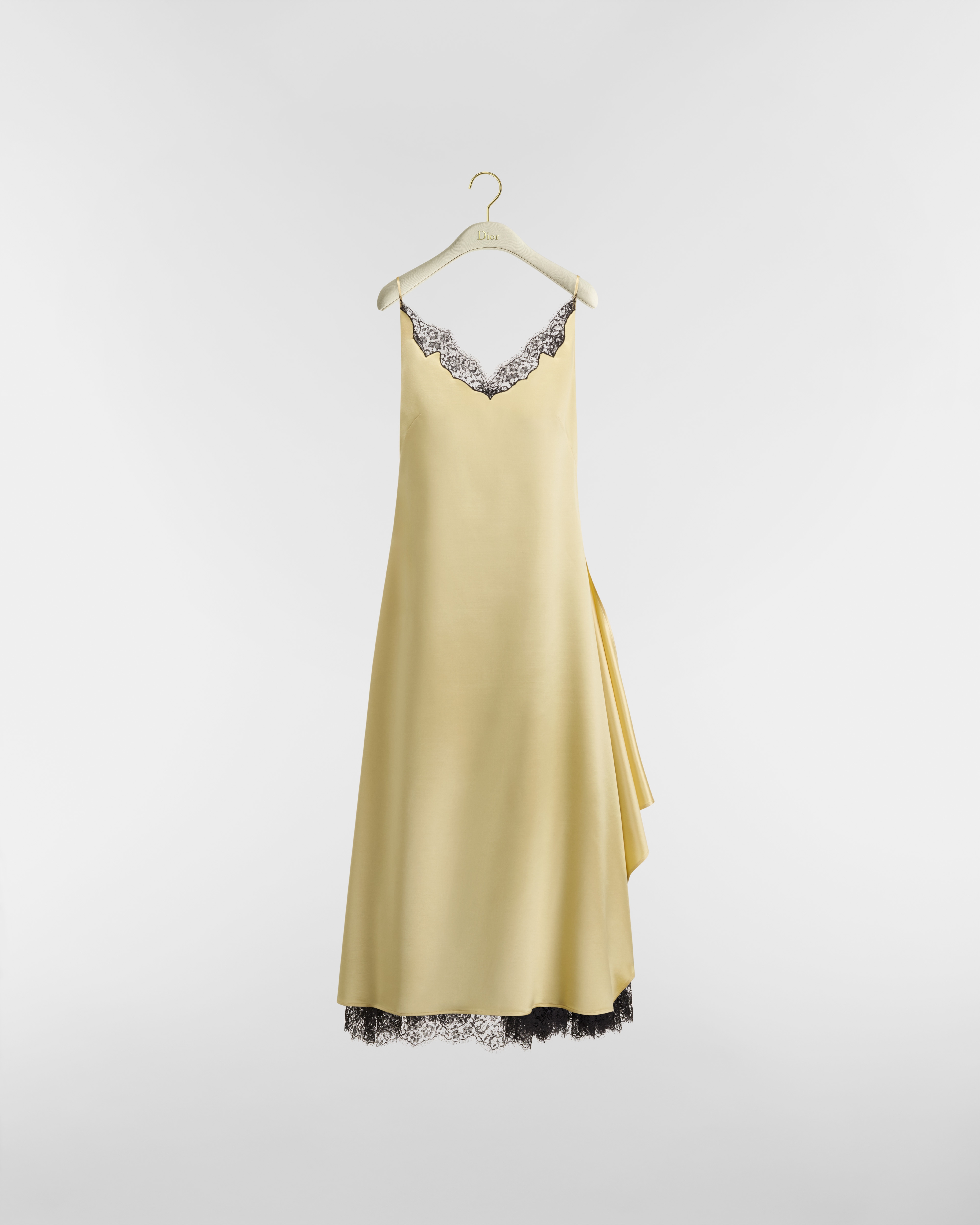 Mid-Length Asymmetrical Dress Pale Yellow Wool and Silk with Black Lace E01