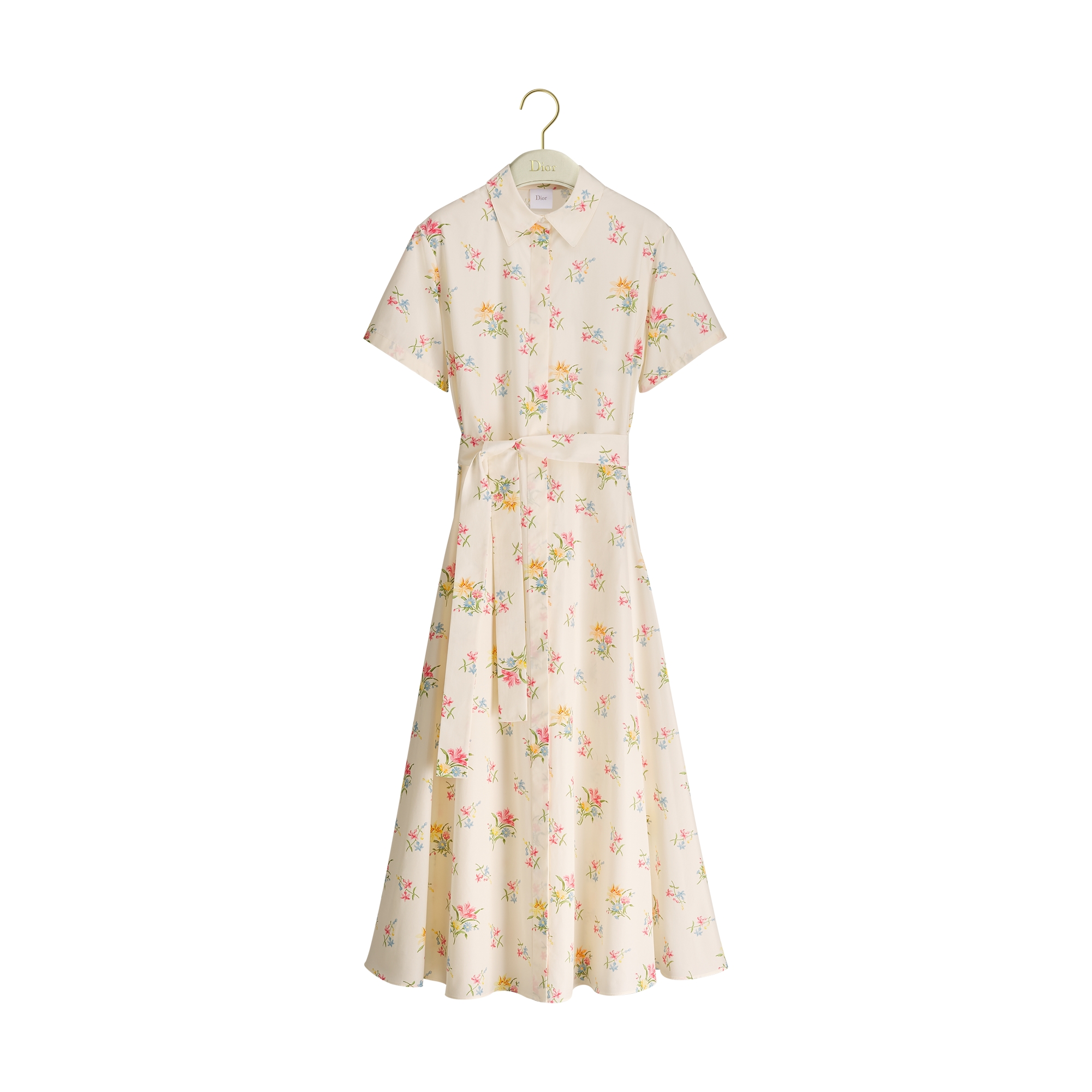 Mid-Length Belted Shirtdress Ecru Cotton Poplin with Multicolor Dior Secret Garden Motif E01