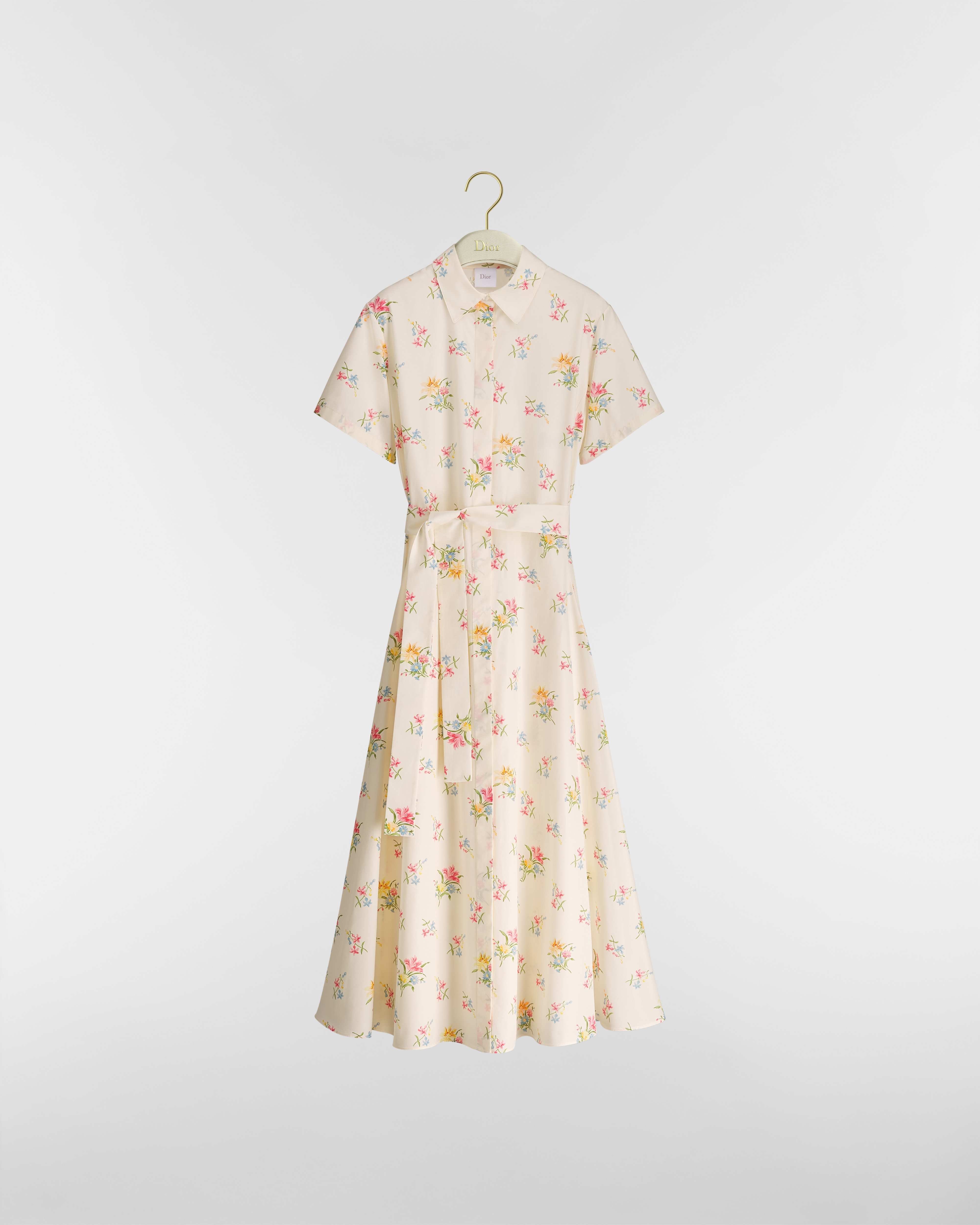 Midilange overhemdjurk met riem Ecrukleurig katoenpoplin met het veelkleurige Dior Secret-motief E01