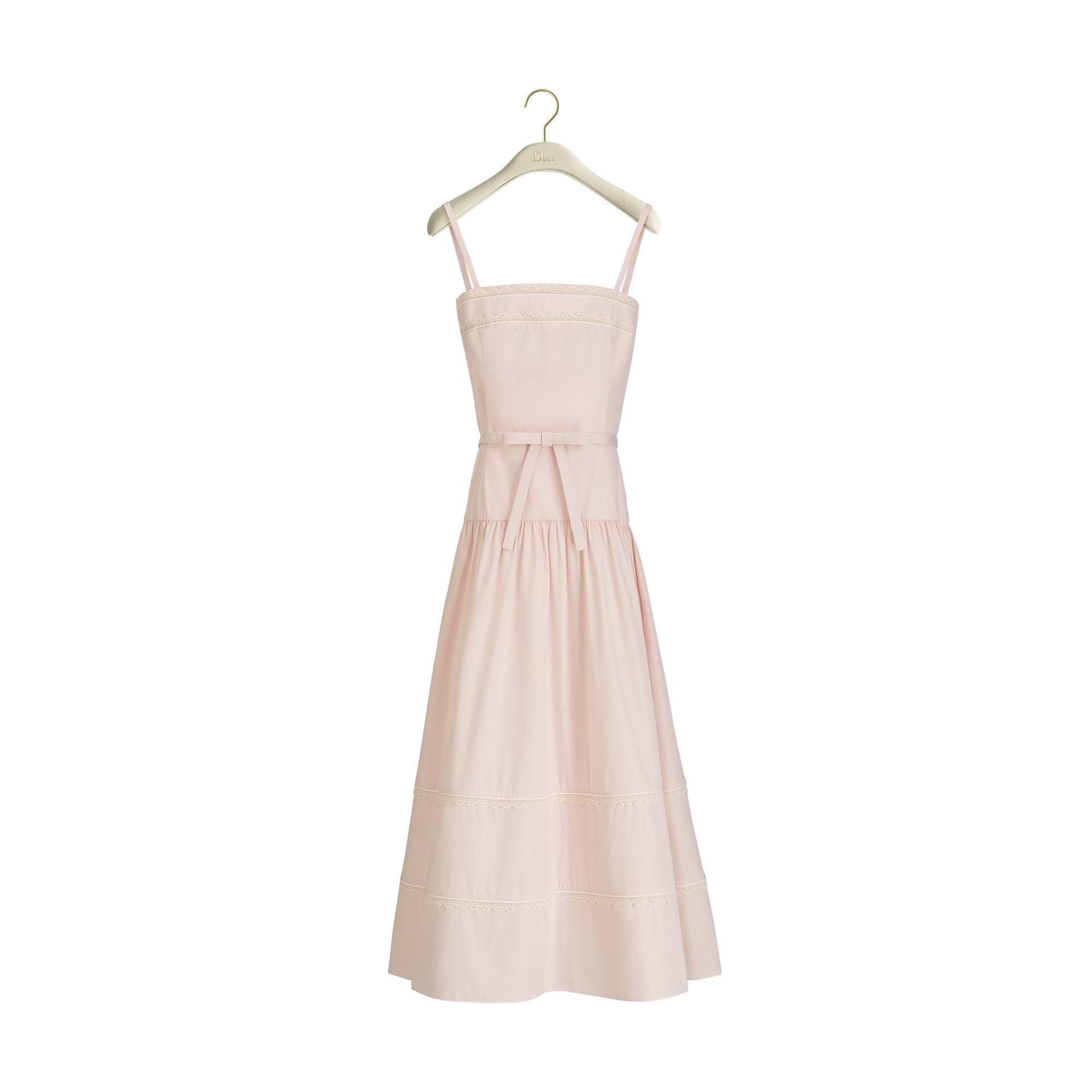 Mid-Length Flared Dress with Belt Pink Cotton Poplin and Lace E01