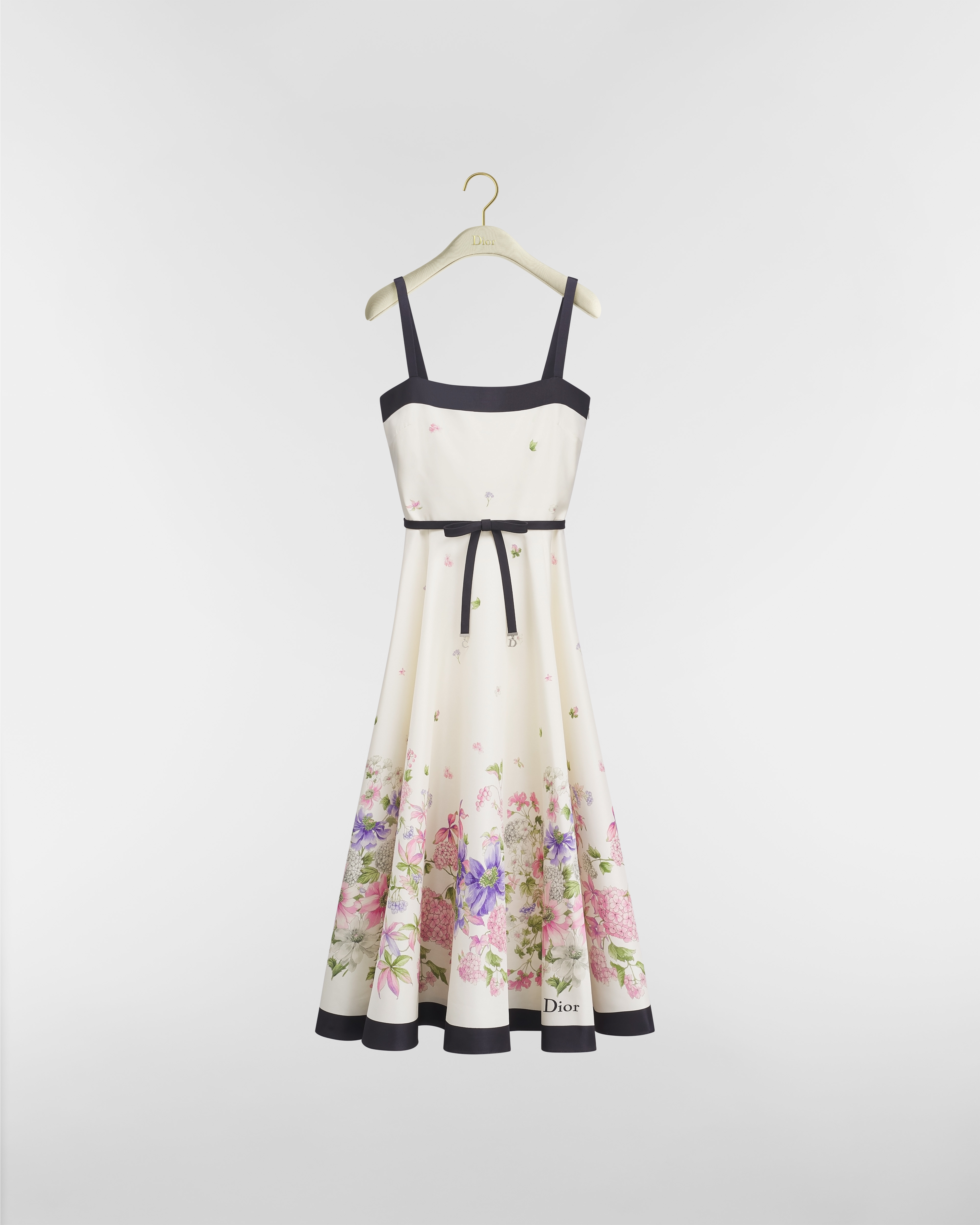 Mid-Length Flared Dress with Belt White Silk Faille with Multicolor Dior Hortensia Garden Motif E01