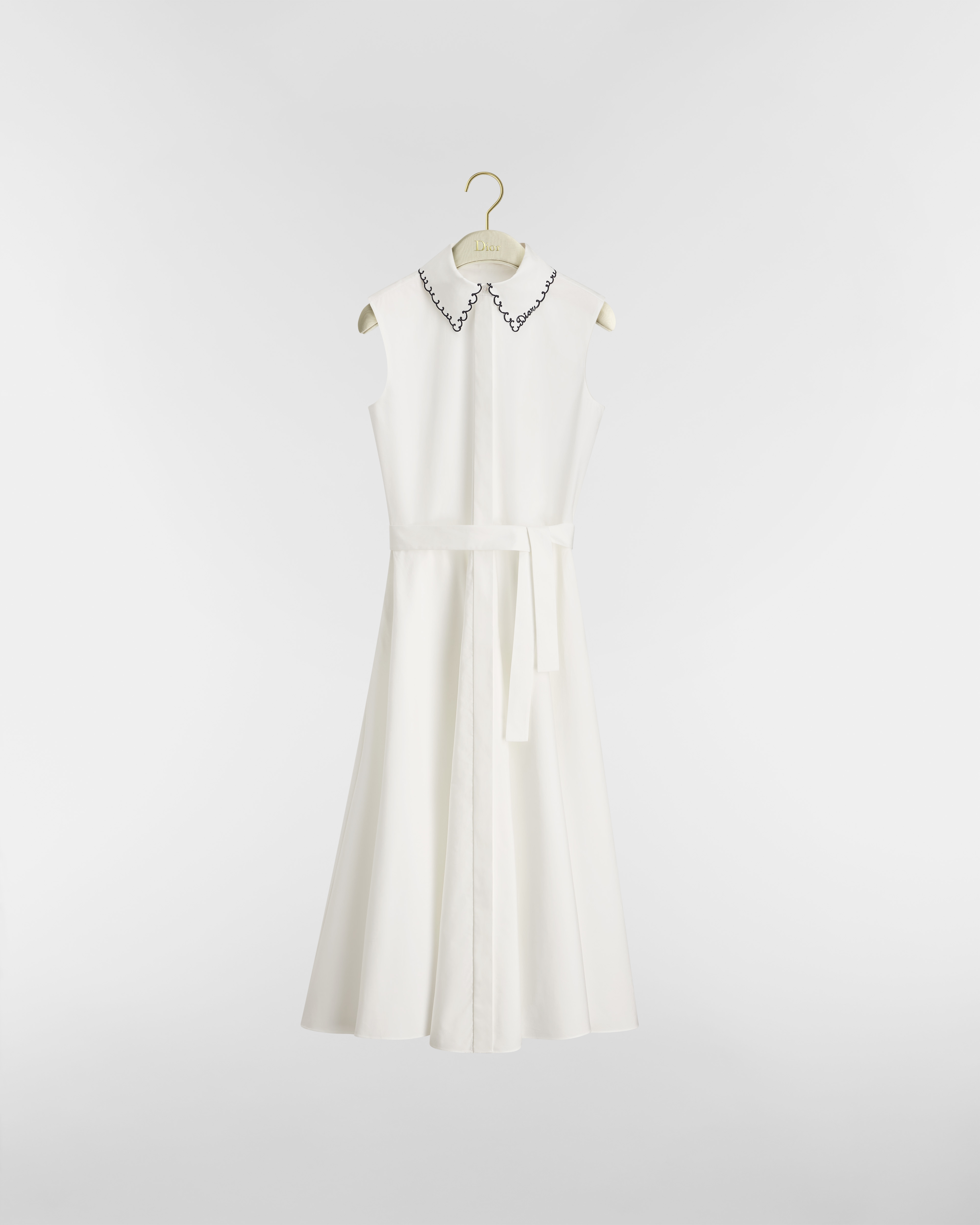 Mouwloze blousejurk met geborduurde kraag Wit katoenpoplin E01