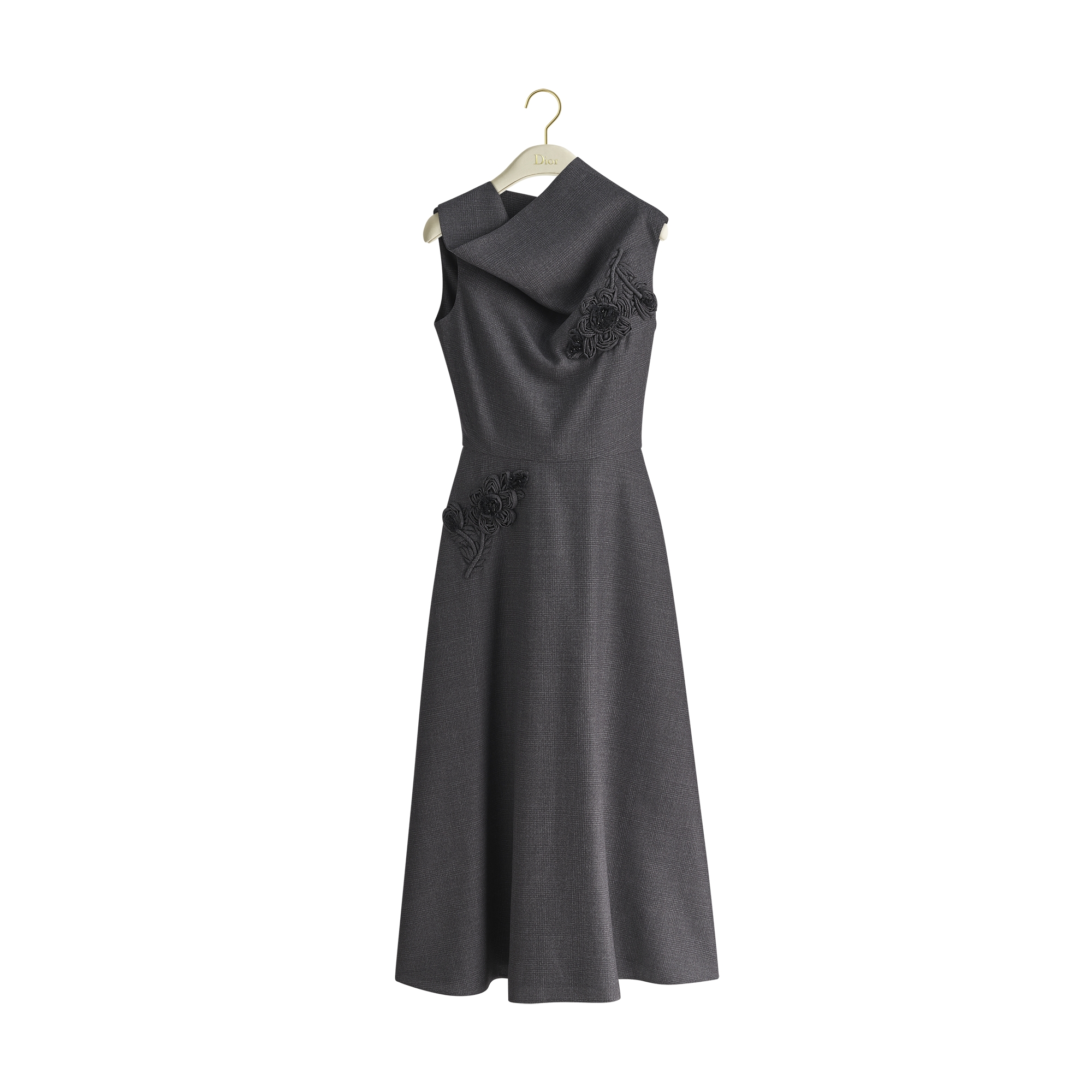 Mid-Length Flared Dress Gray Virgin Wool with Prince of Wales