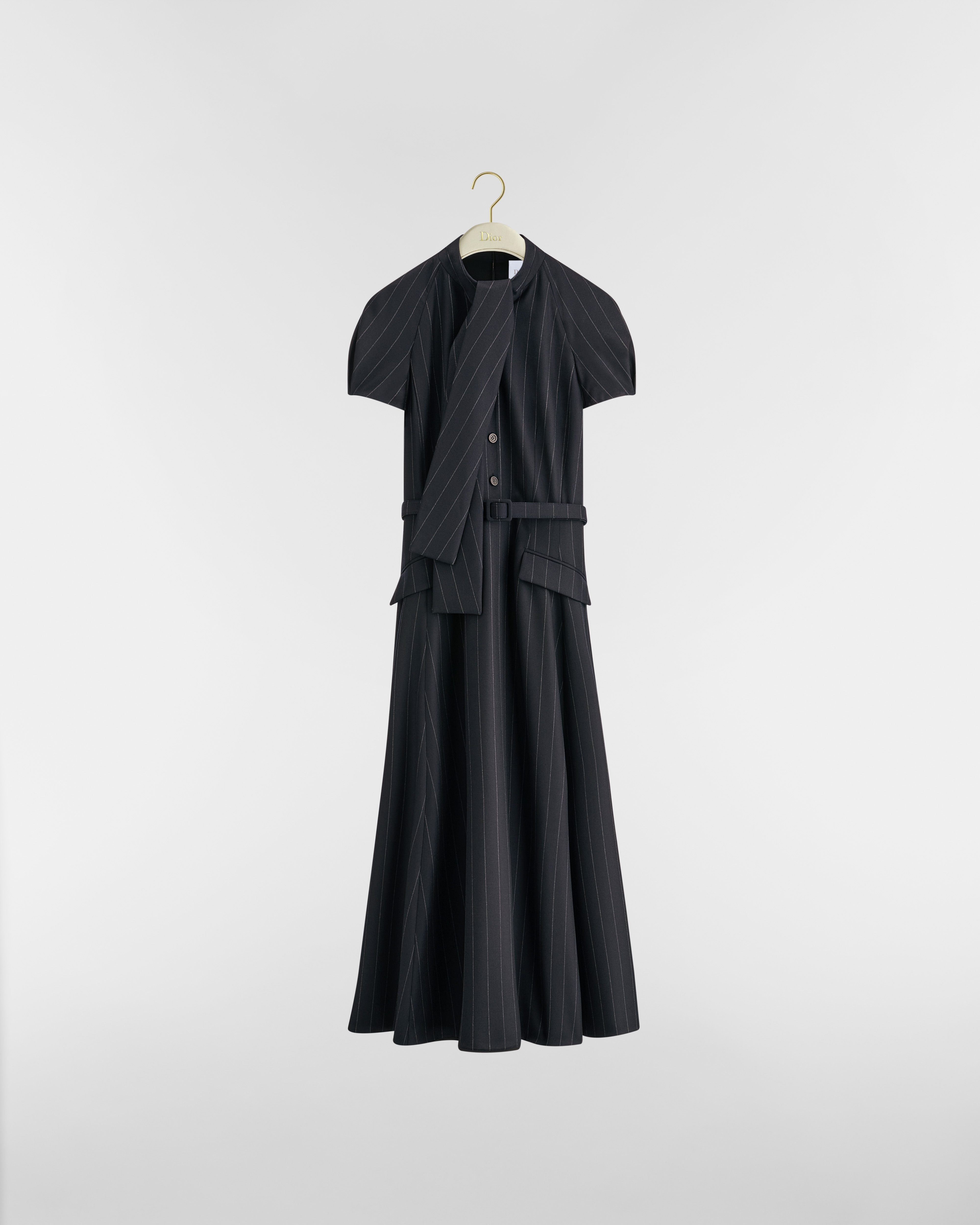 Mid-Length Belted Dress Navy Blue D-Stripes Virgin Wool E01