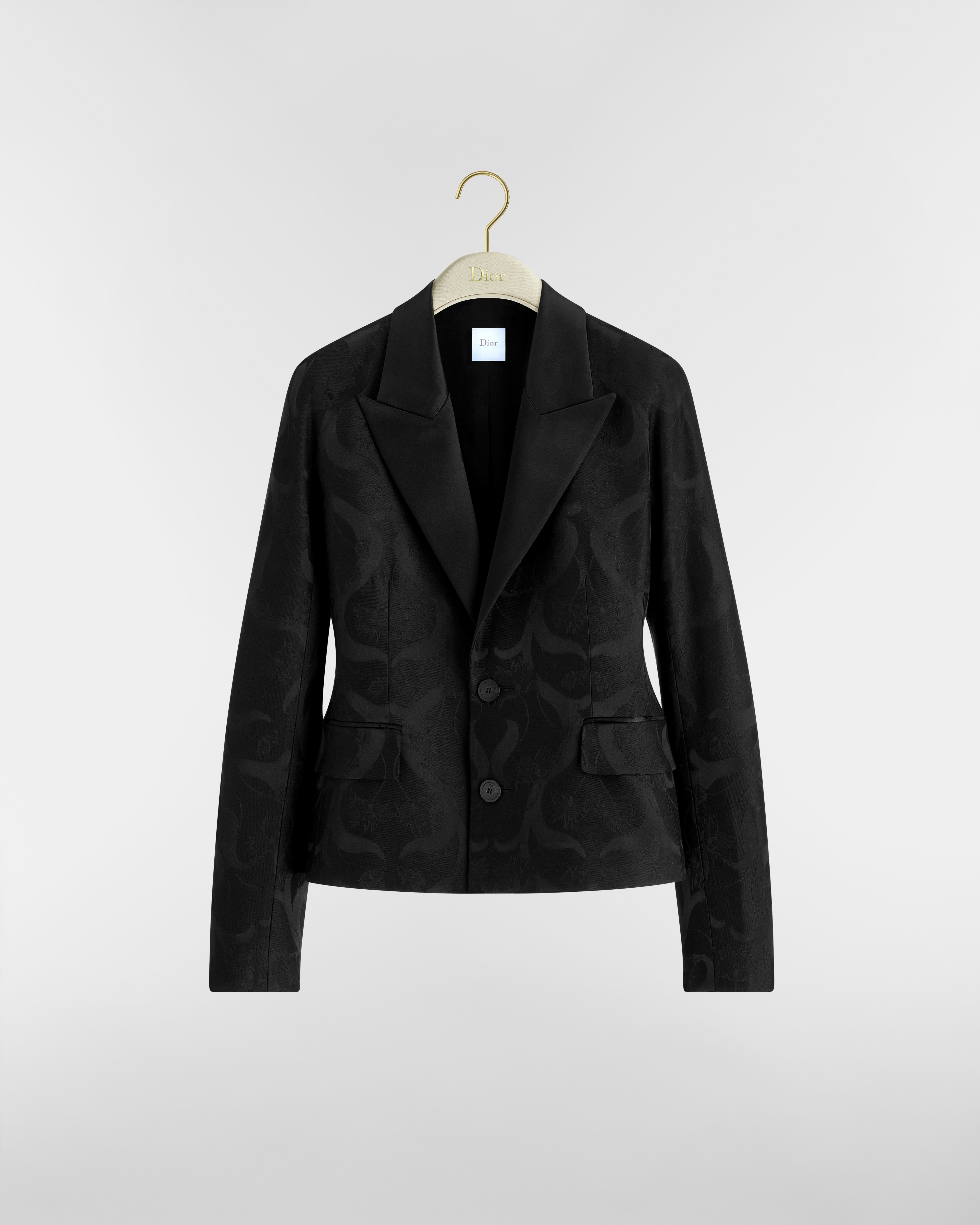Veste ajustée Laine vierge et soie noires à motif floral E01