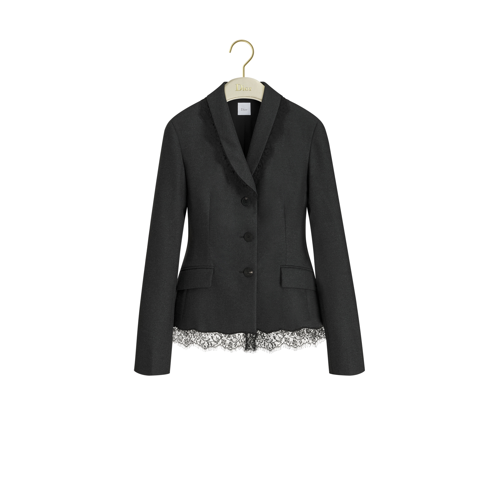 Bar Jacket Deep Gray Wool-Cashmere Flannel and Black Lace E01