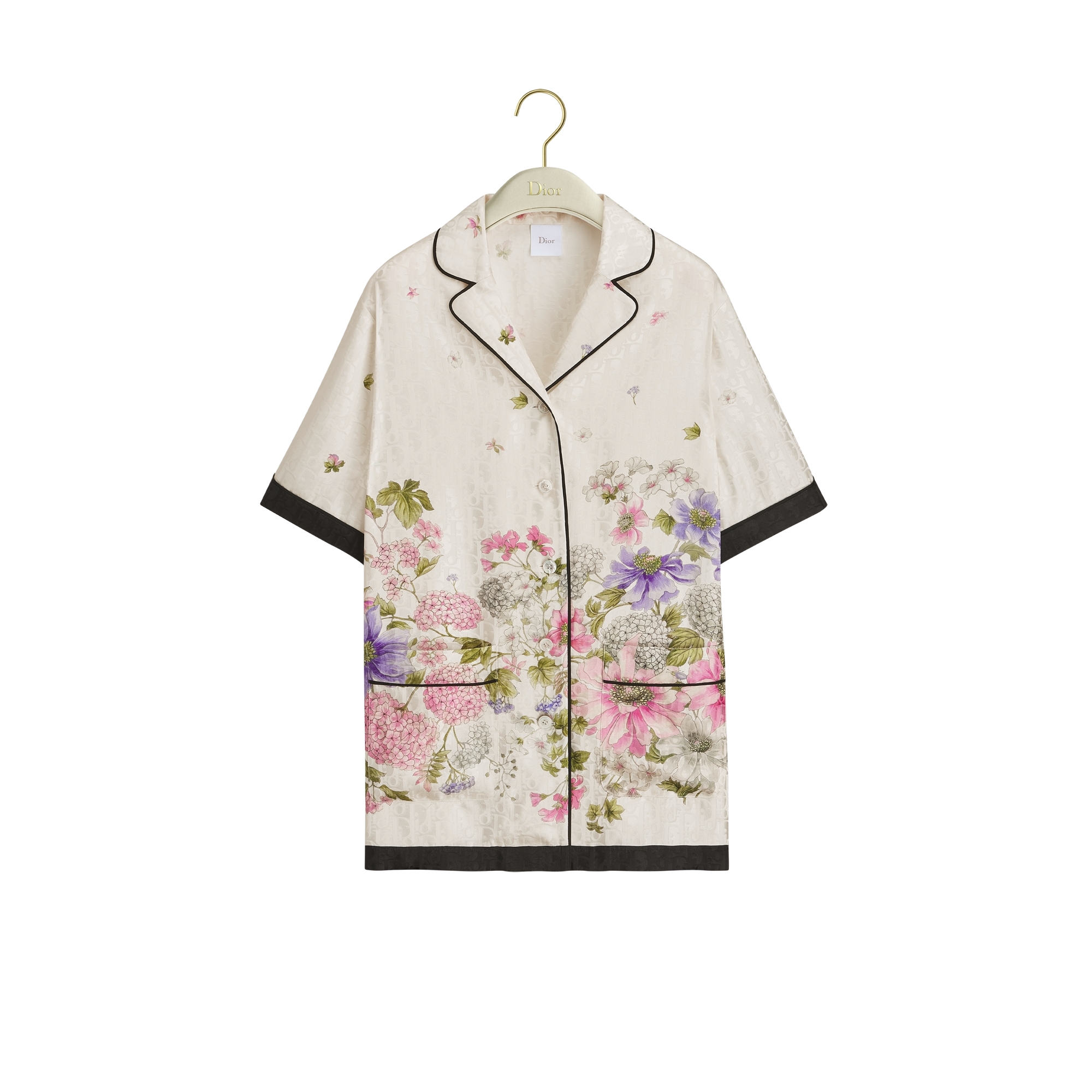 Short-Sleeved Shirt Ecru Silk Twill with Multicolor Dior Hortensia