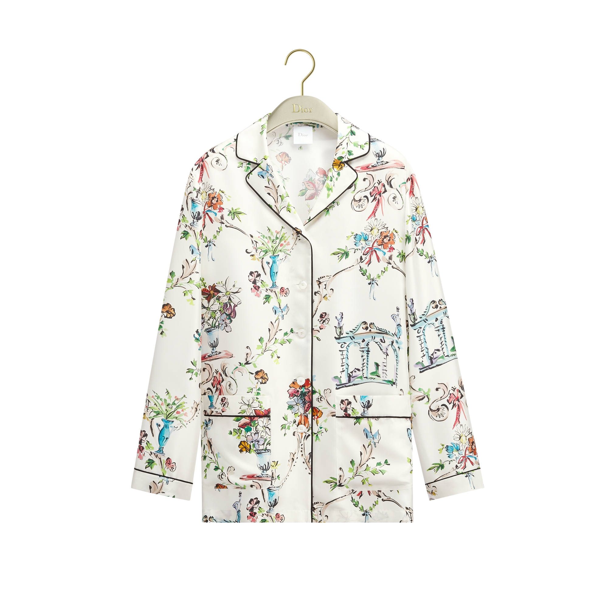 Dioriviera Shirt White Silk Twill with Multicolor Dior Arabesque